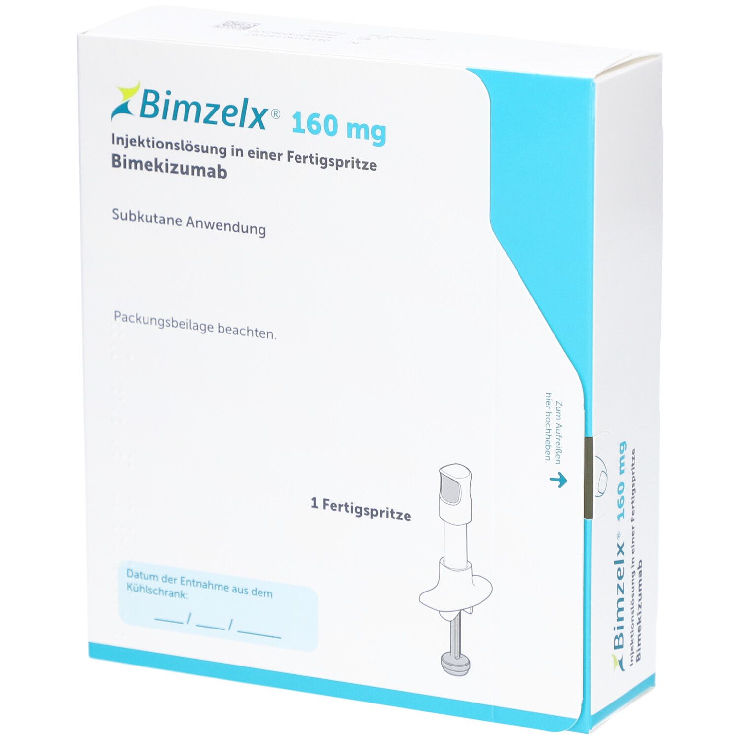 Karton von BIMZELX 160 mg Injektionslösung. Aufschrift: Injektionslösung in Fertigspritze. Eine Fertigspritze.