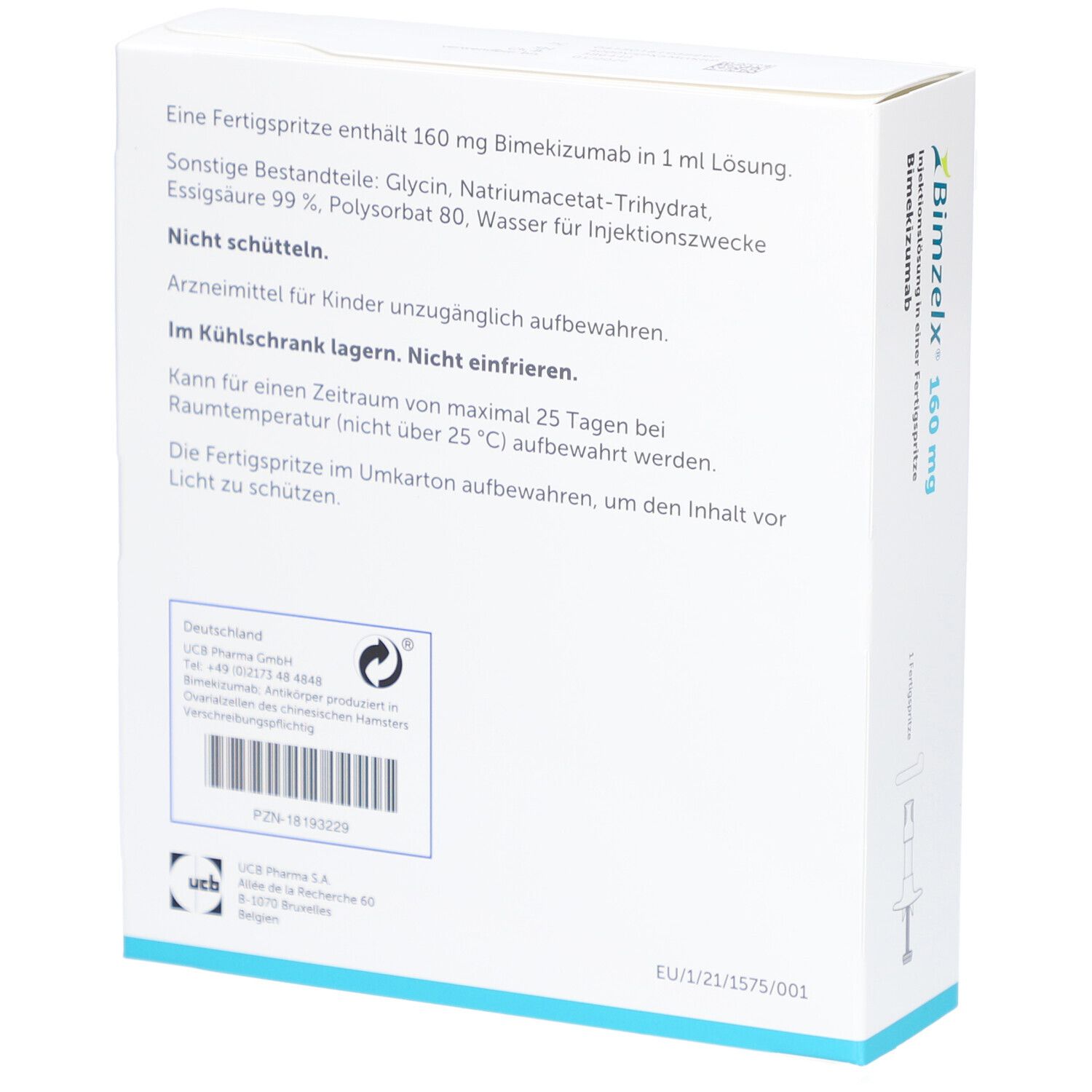 Rückseite des Kartons von BIMZELX 160 mg. Enthält Informationen zu Inhaltsstoffen und Lagerung. UCB Pharma.