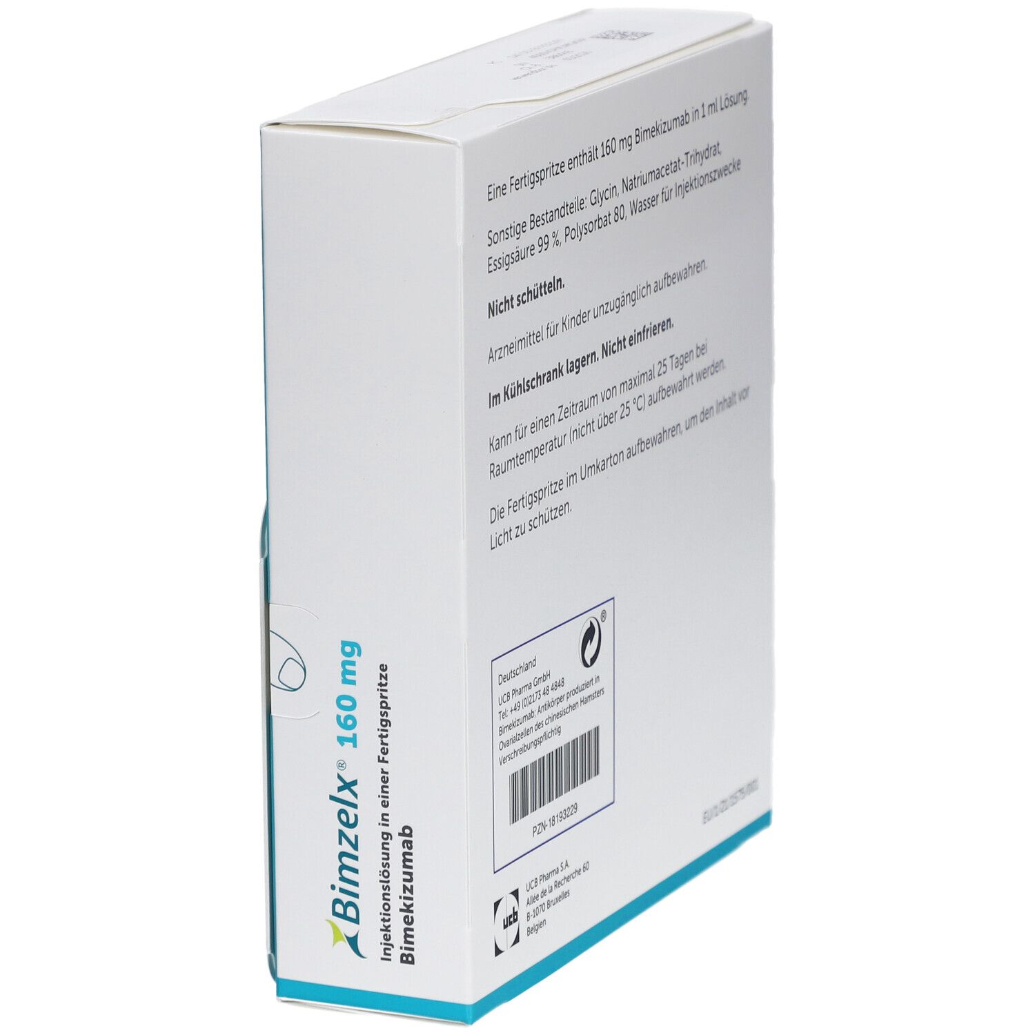 Rückseite des Kartons von BIMZELX 160 mg. Enthält Informationen zu Inhaltsstoffen und Lagerung. UCB Pharma.