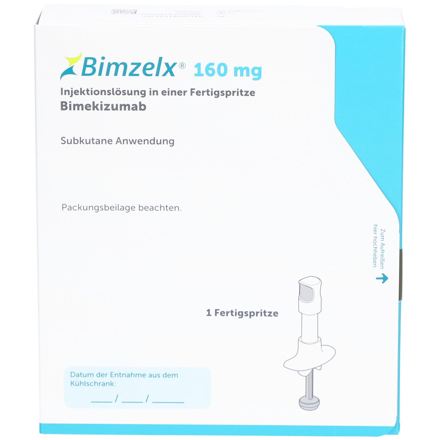 Vorderseite des Kartons von BIMZELX 160 mg. Aufschrift: Injektionslösung in Fertigspritze. Eine Fertigspritze.