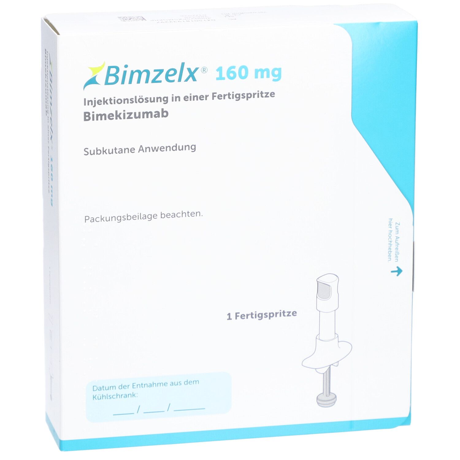 Vorderseite des Kartons von BIMZELX 160 mg. Aufschrift: Injektionslösung in Fertigspritze. Eine Fertigspritze.