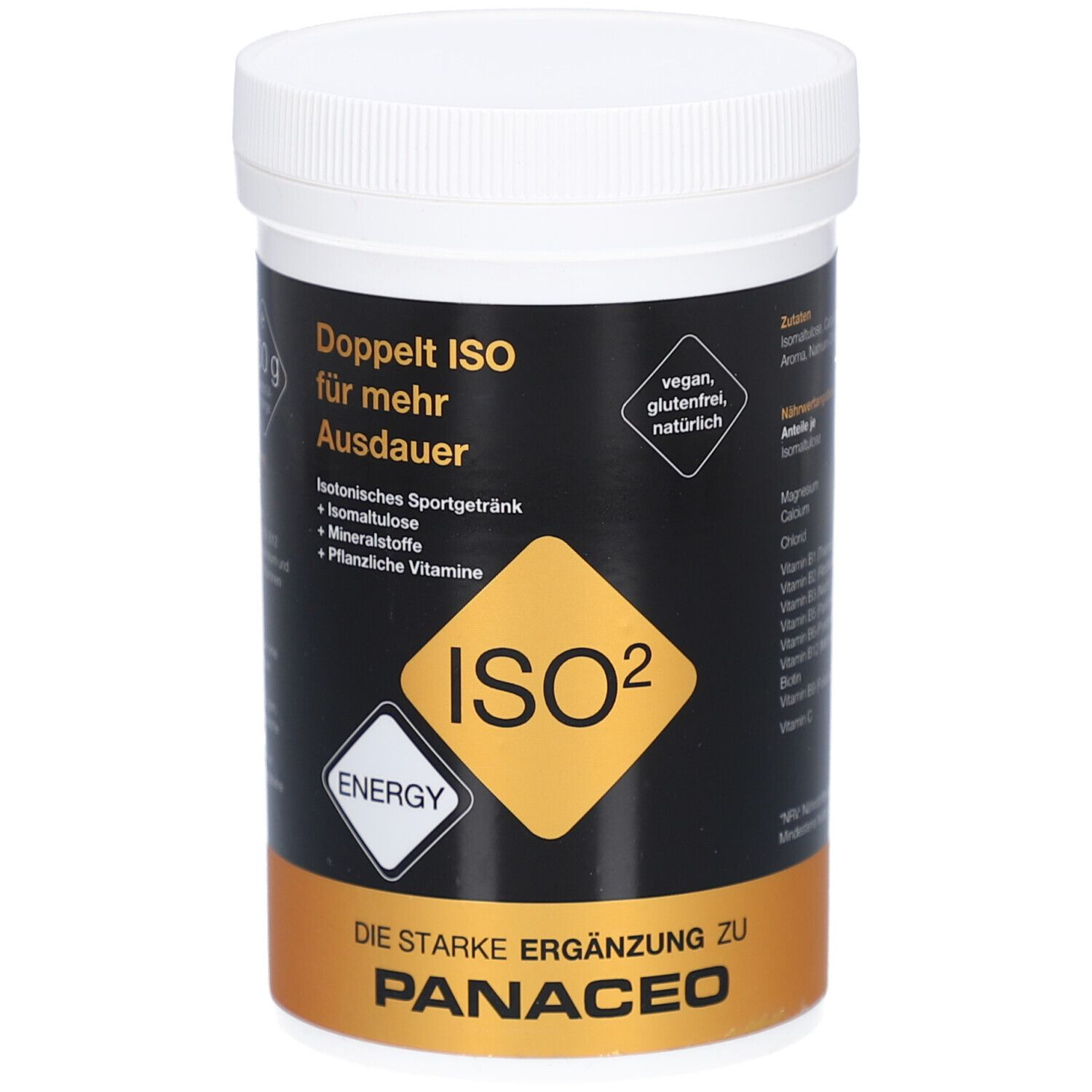 Weißer Behälter mit schwarzem Etikett. Aufschrift: ISO2, ENERGY, vegan, glutenfrei, natürlich. Goldener Streifen mit PANACEO.
