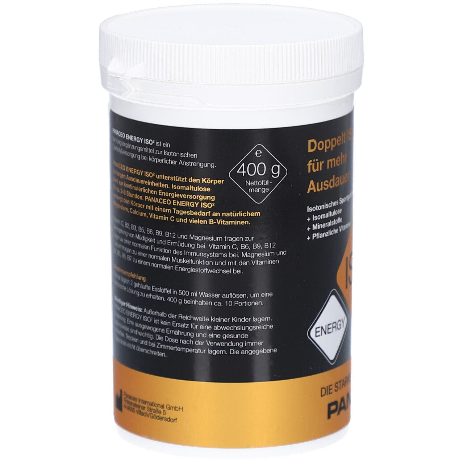 Rückseite des weißen Behälters. Schwarzes Etikett mit Text. Goldener Streifen. Aufschrift: 400 g, Netto menge, PANACEO ENERGY ISO2.