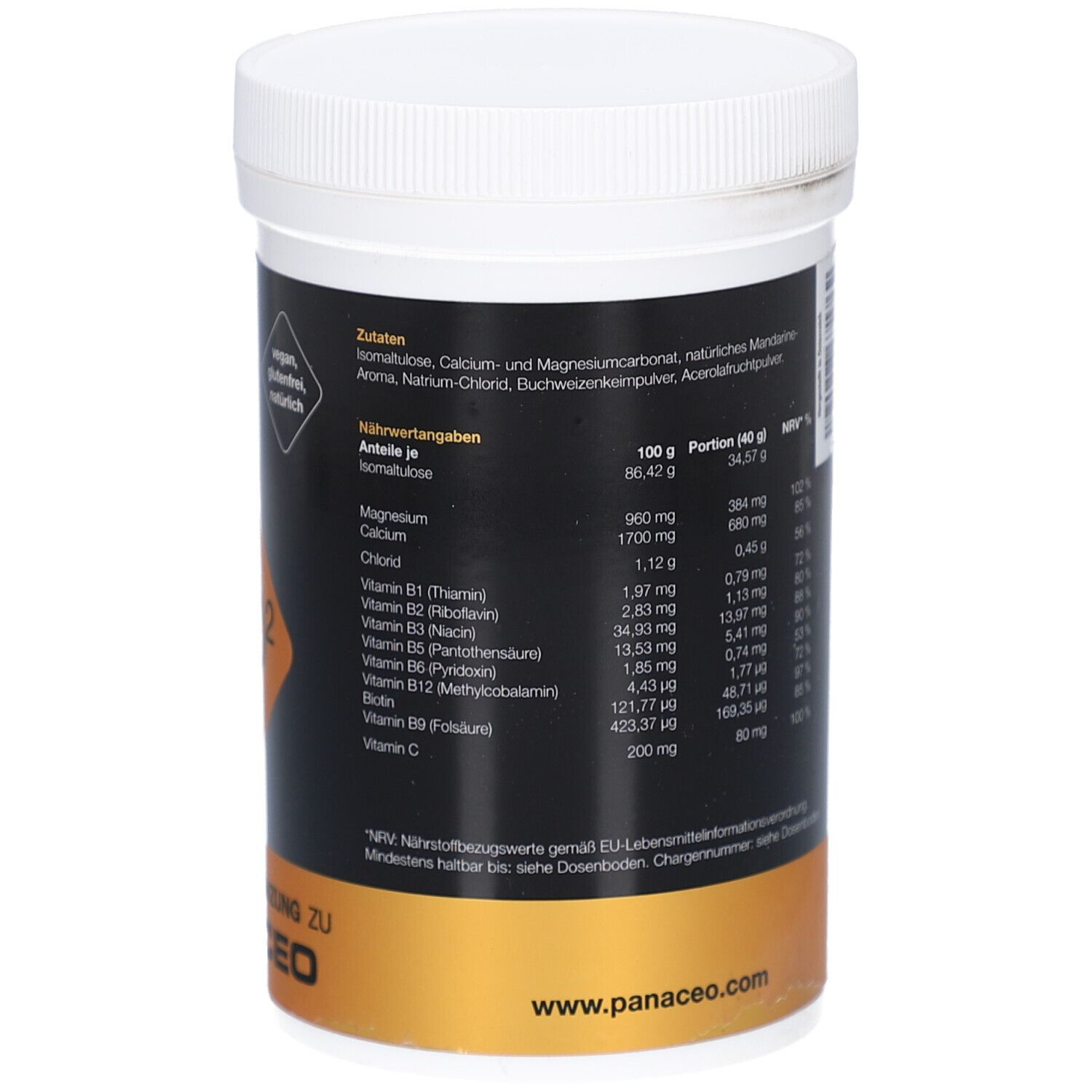 Rückseite des weißen Behälters. Schwarzes Etikett mit Text und Nährwertangaben. Aufschrift: PANACEO ENERGY ISO2.