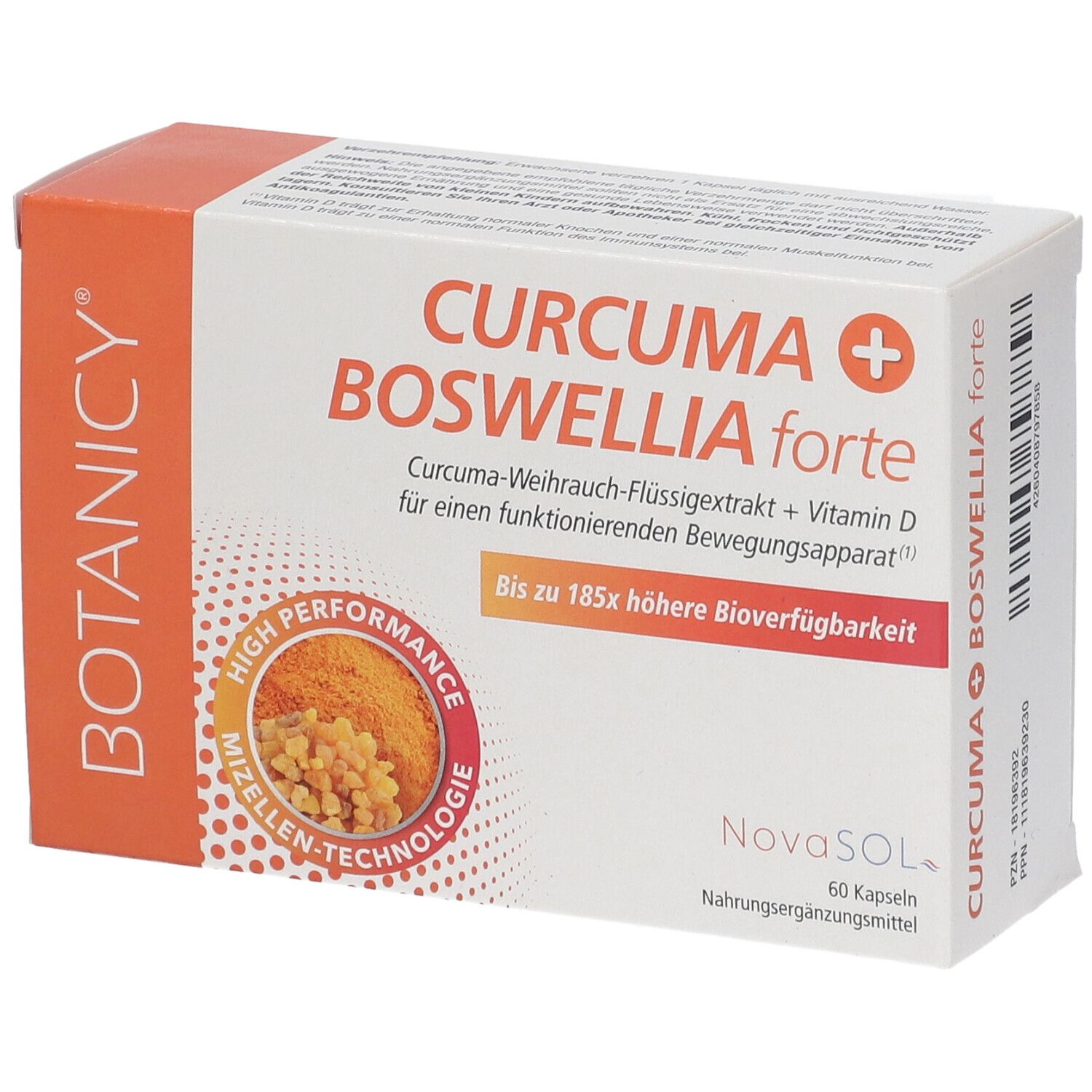 Karton mit CURCUMA + BOSWELLIA forte Kapseln. Orange-weißes Design mit Produktnamen und Logo.