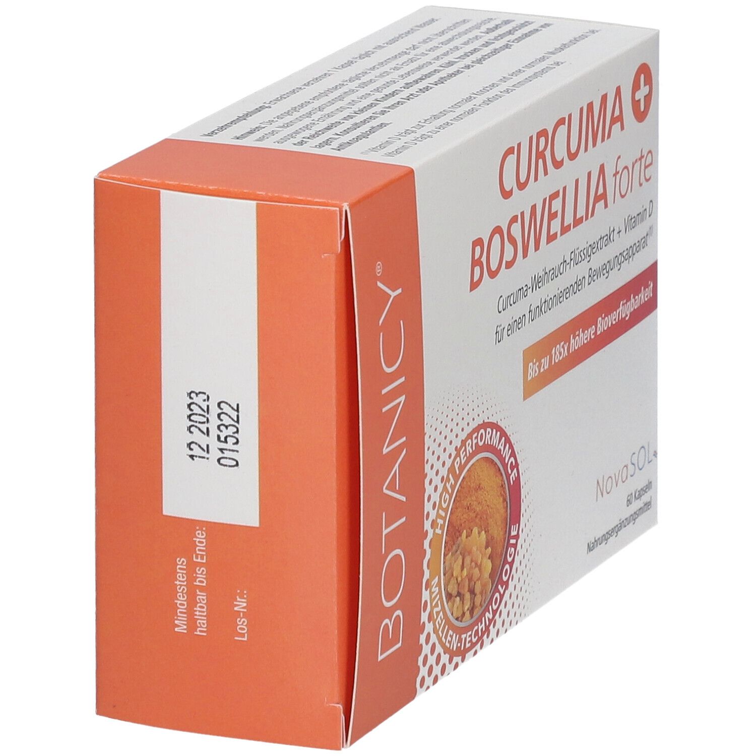 Karton mit CURCUMA + BOSWELLIA forte Kapseln. Rückseite mit Text und Haltbarkeitsdatum.
