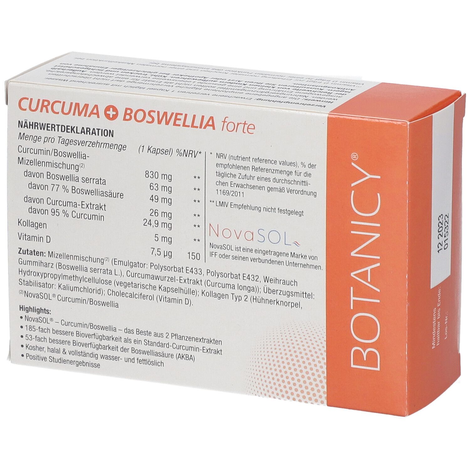 Karton mit CURCUMA + BOSWELLIA forte Kapseln. Rückseite mit Text und Nährwertdeklaration.