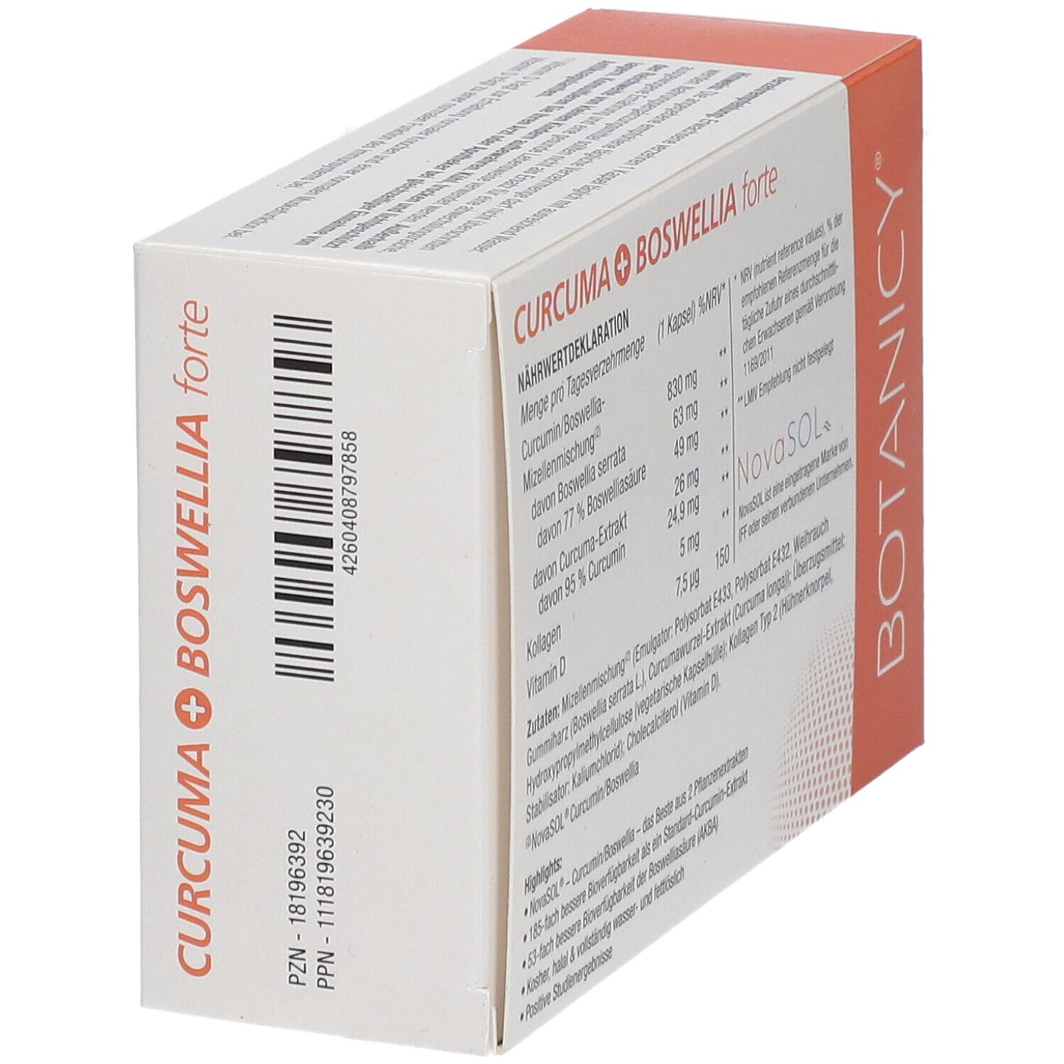 Karton mit CURCUMA + BOSWELLIA forte Kapseln. Seitenansicht mit Text und Barcode.