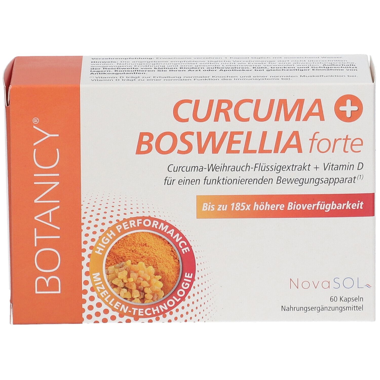 Karton mit CURCUMA + BOSWELLIA forte Kapseln. Orange-weißes Design mit Produktnamen und Logo.
