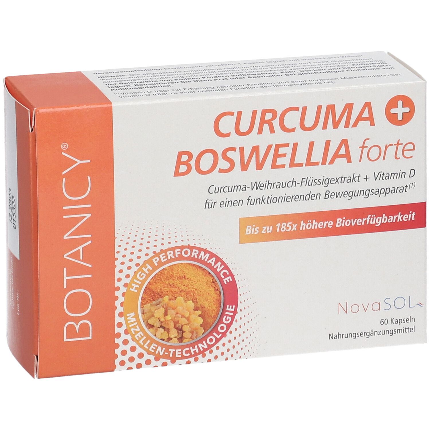 Karton mit CURCUMA + BOSWELLIA forte Kapseln. Orange-weißes Design mit Produktnamen und Logo.