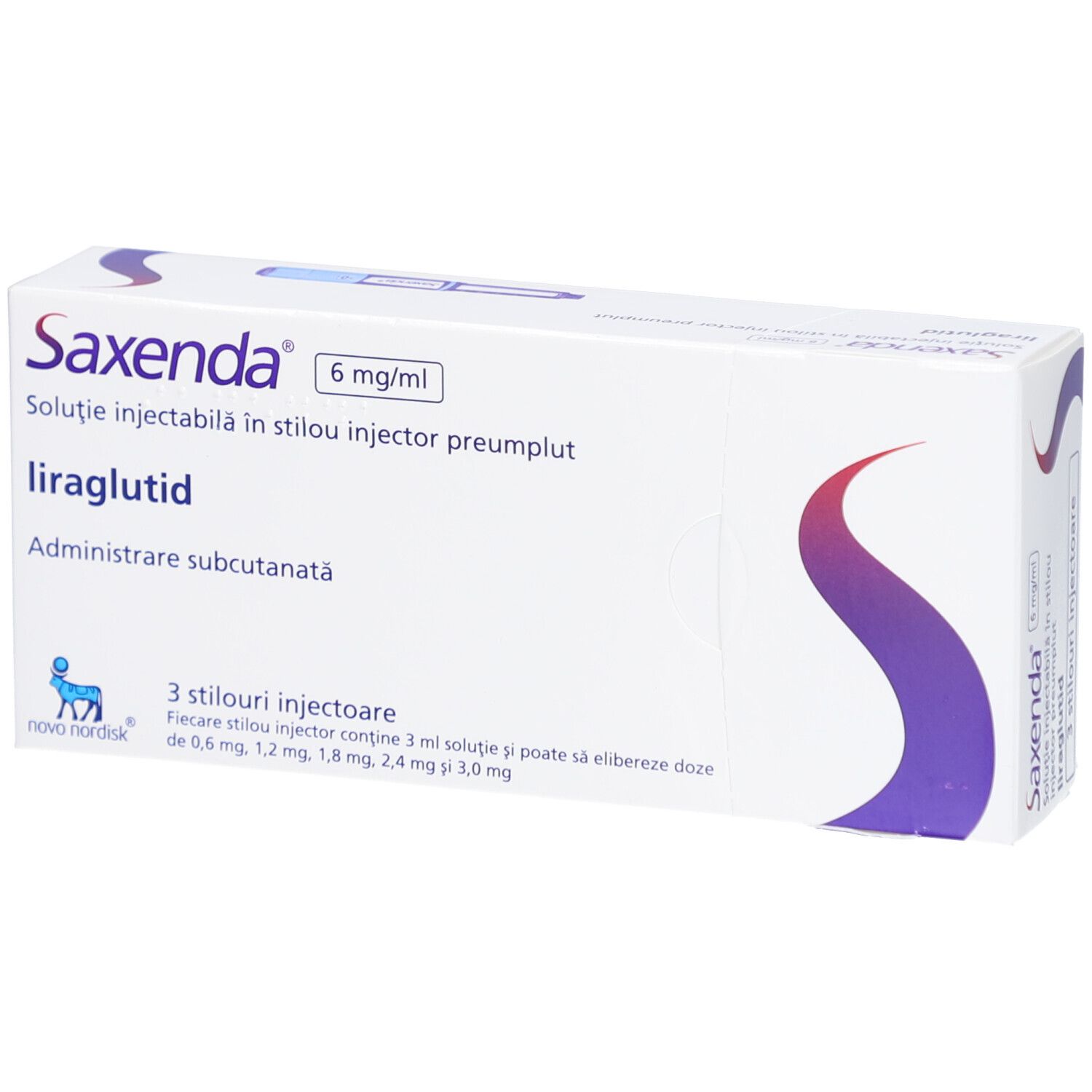 Verpackung von Saxenda 6 mg/ml. Enthält 3 Injektionsstifte. Aufschrift: liraglutid, subkutane Verabreichung.