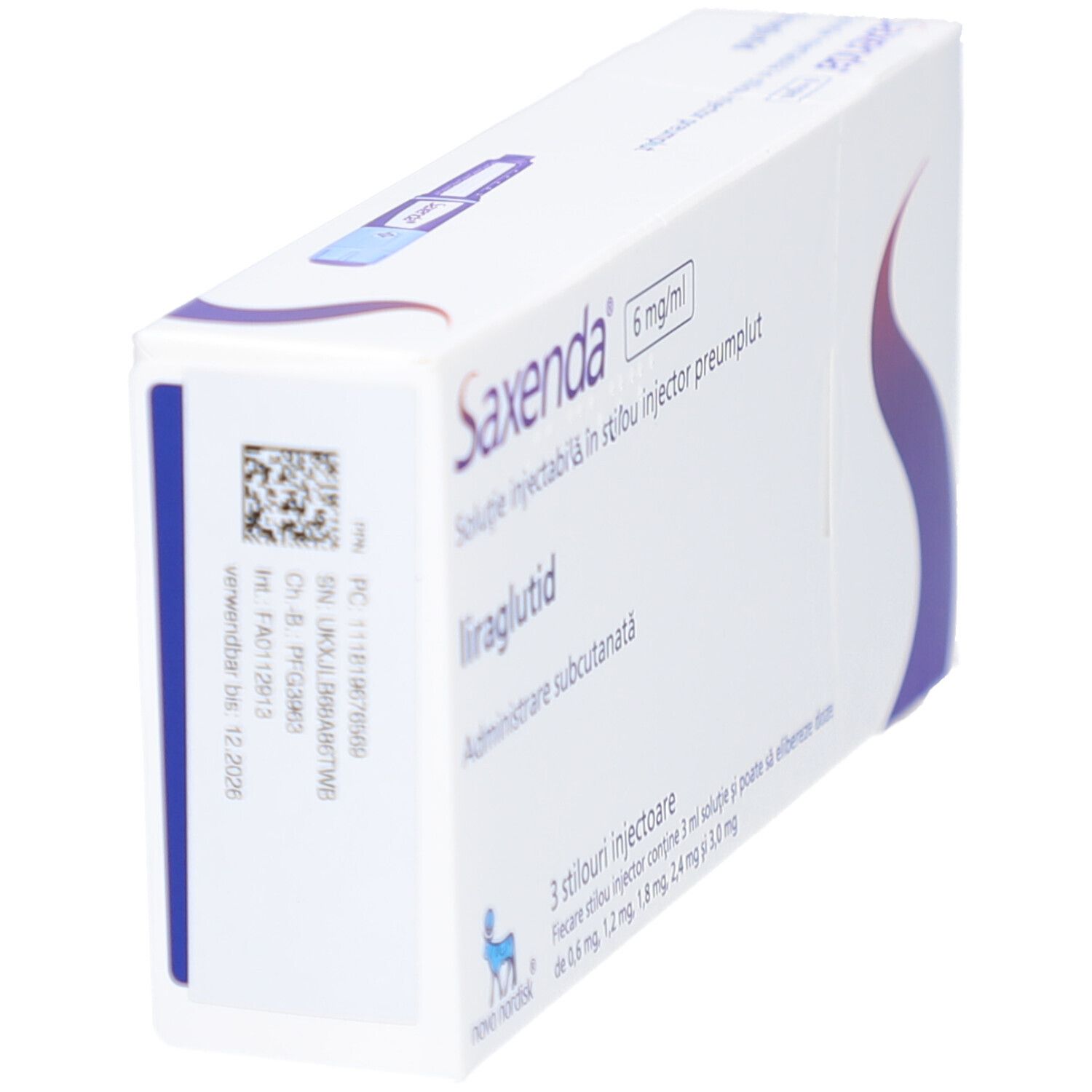 Seitenansicht der Saxenda-Verpackung. Aufschrift: Saxenda 6 mg/ml, liraglutid, subkutane Verabreichung. Mit Barcode.