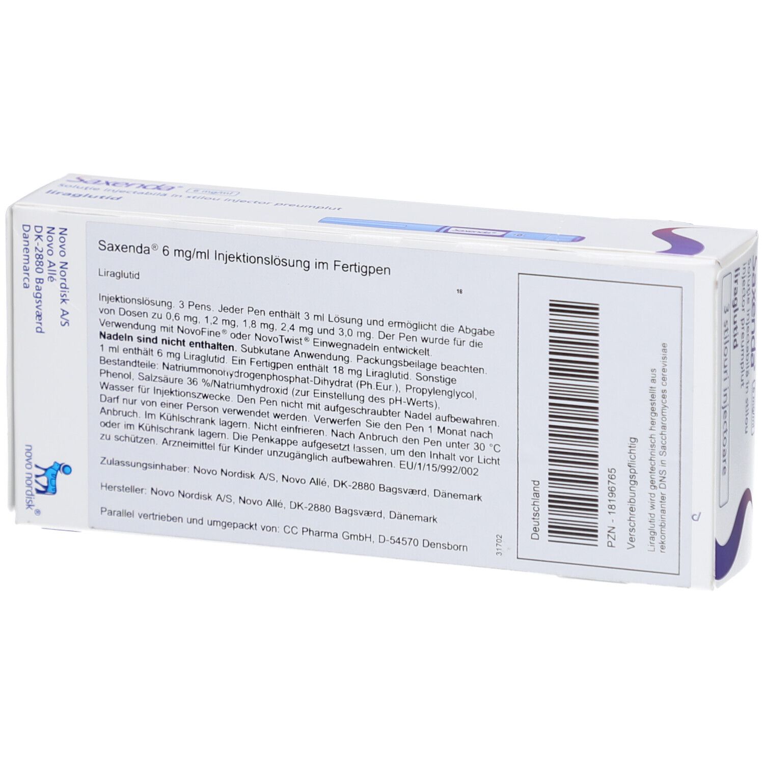 Rückseite der Saxenda-Verpackung. Text: Saxenda 6 mg/ml Injektionslsg. im Fertigpen. Informationen und Herstellerangaben.