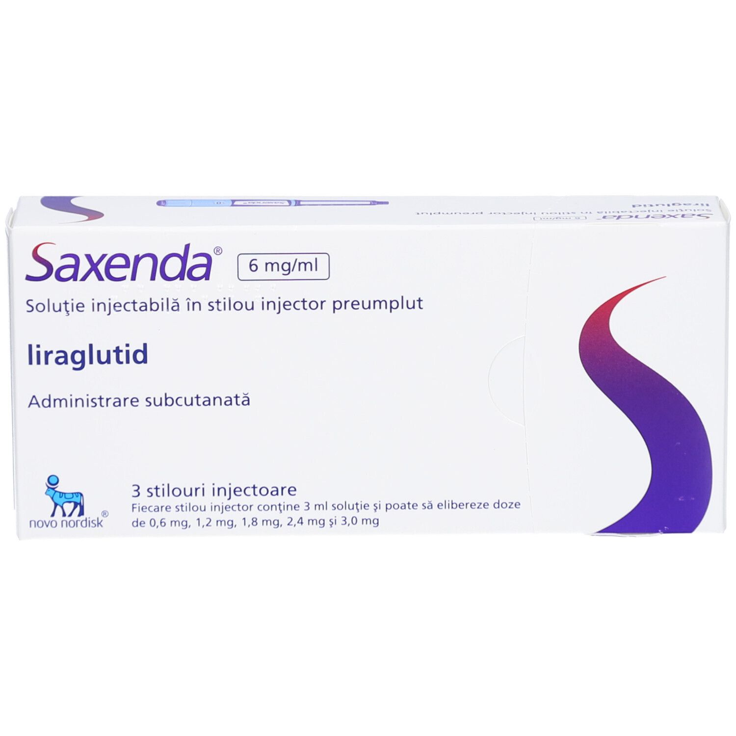 Saxenda-Verpackung mit 3 Injektionsstiften. Aufschrift: Saxenda 6 mg/ml, liraglutid, subkutane Verabreichung.