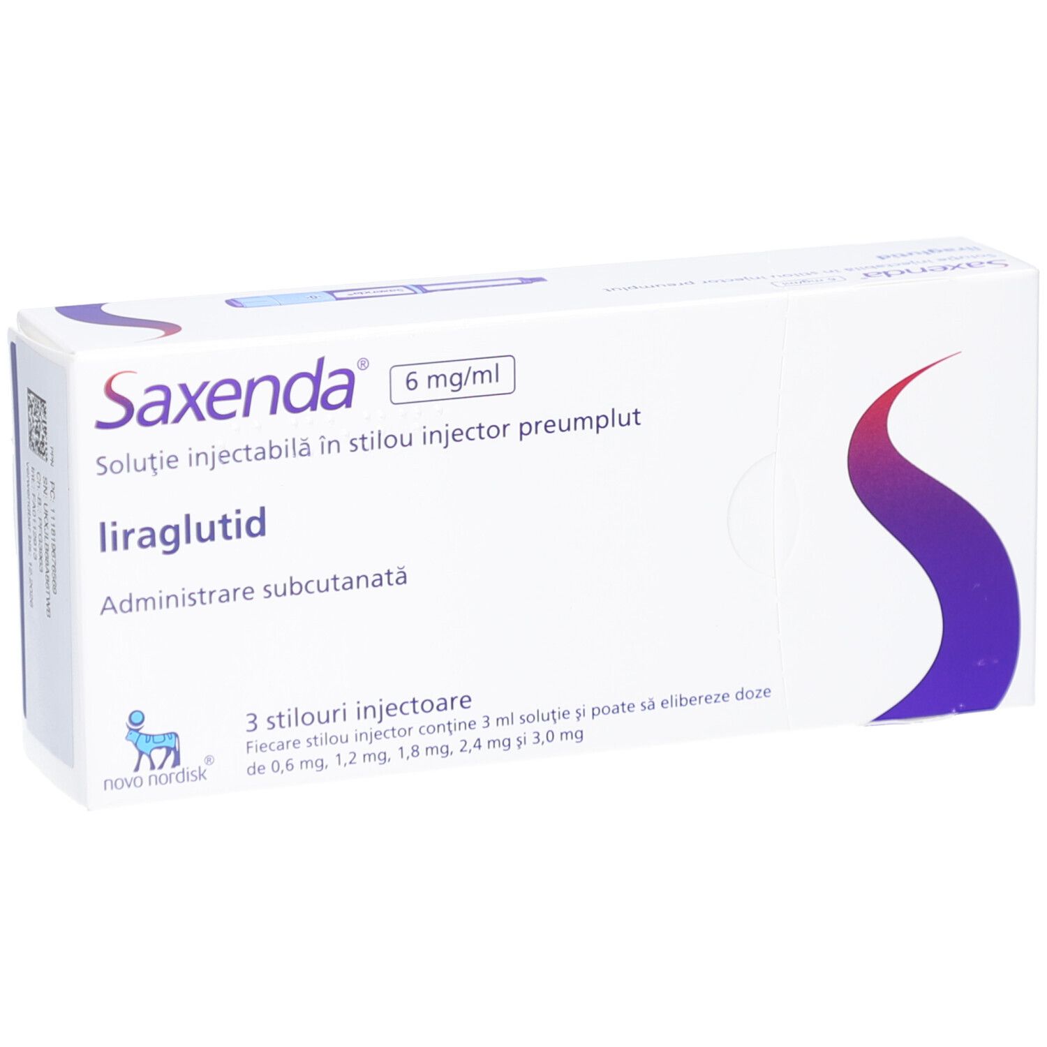 Saxenda-Verpackung mit 3 Injektionsstiften. Aufschrift: Saxenda 6 mg/ml, liraglutid, subkutane Verabreichung.