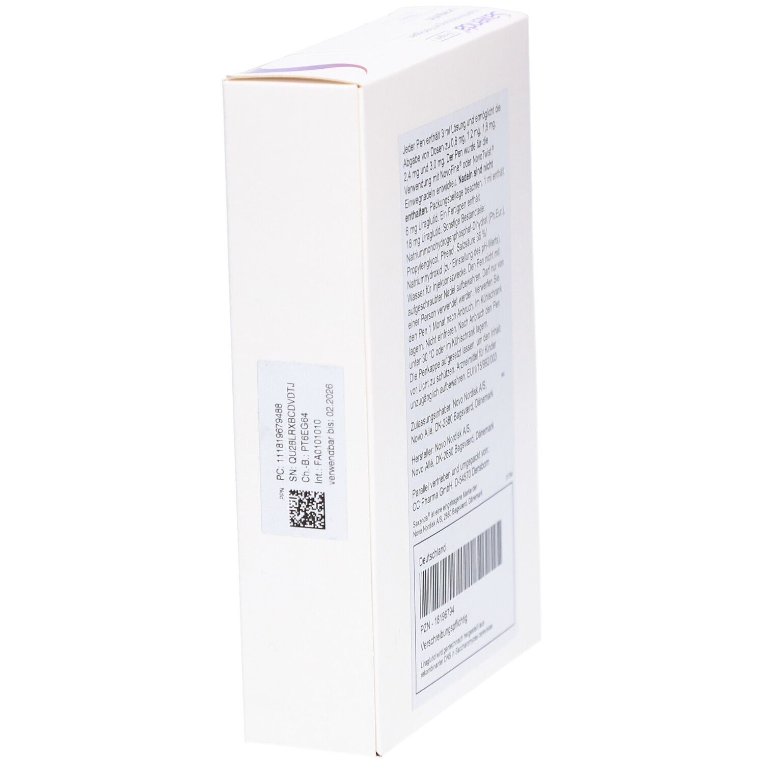 Seitenansicht der Verpackung mit Text. Enthält Informationen und Barcode.