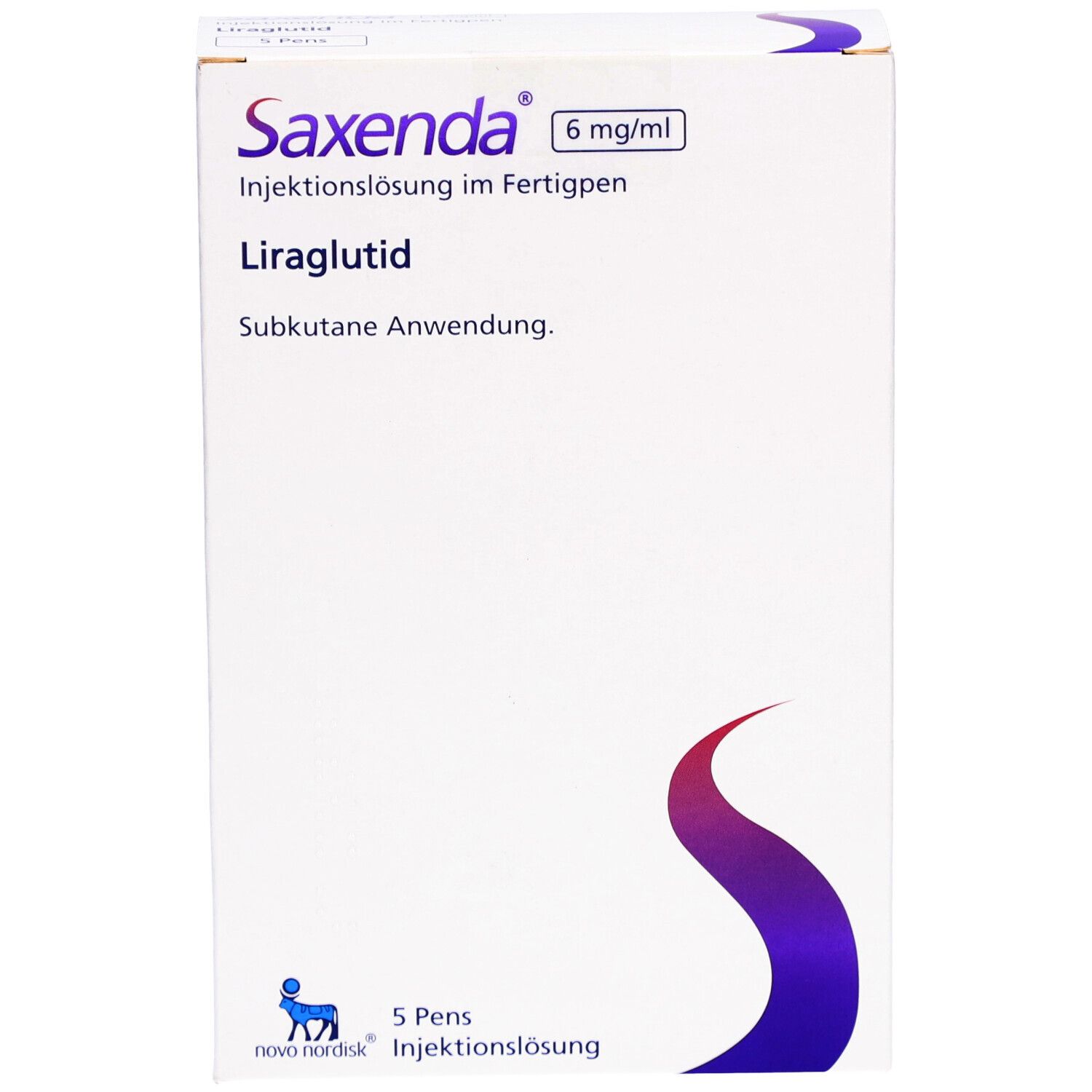 Weiße Verpackung mit Produktnamen und Inhaltsstoffen. Lila geschwungene Linie. 5 Pens.