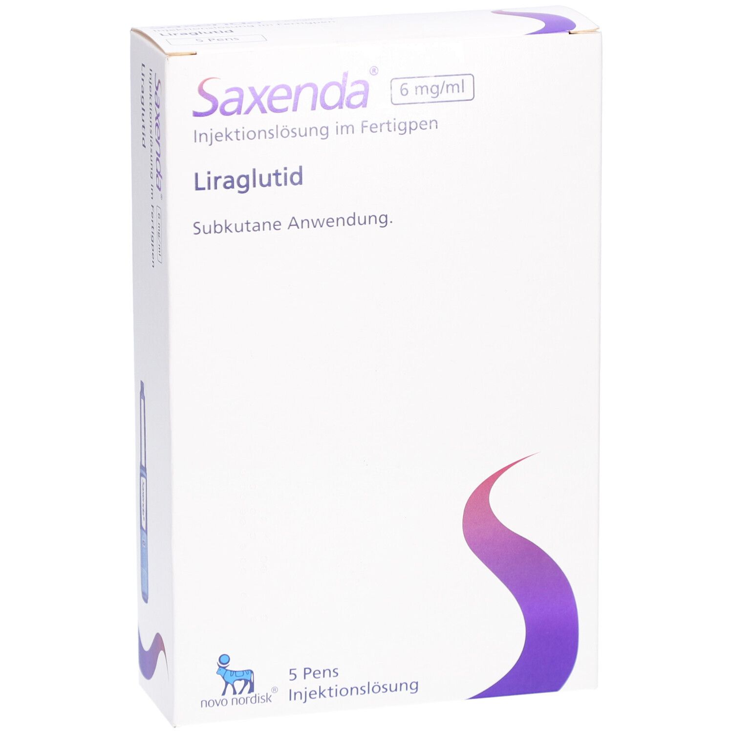 Weiße Verpackung mit Produktnamen und Inhaltsstoffen. Lila geschwungene Linie. 5 Pens.