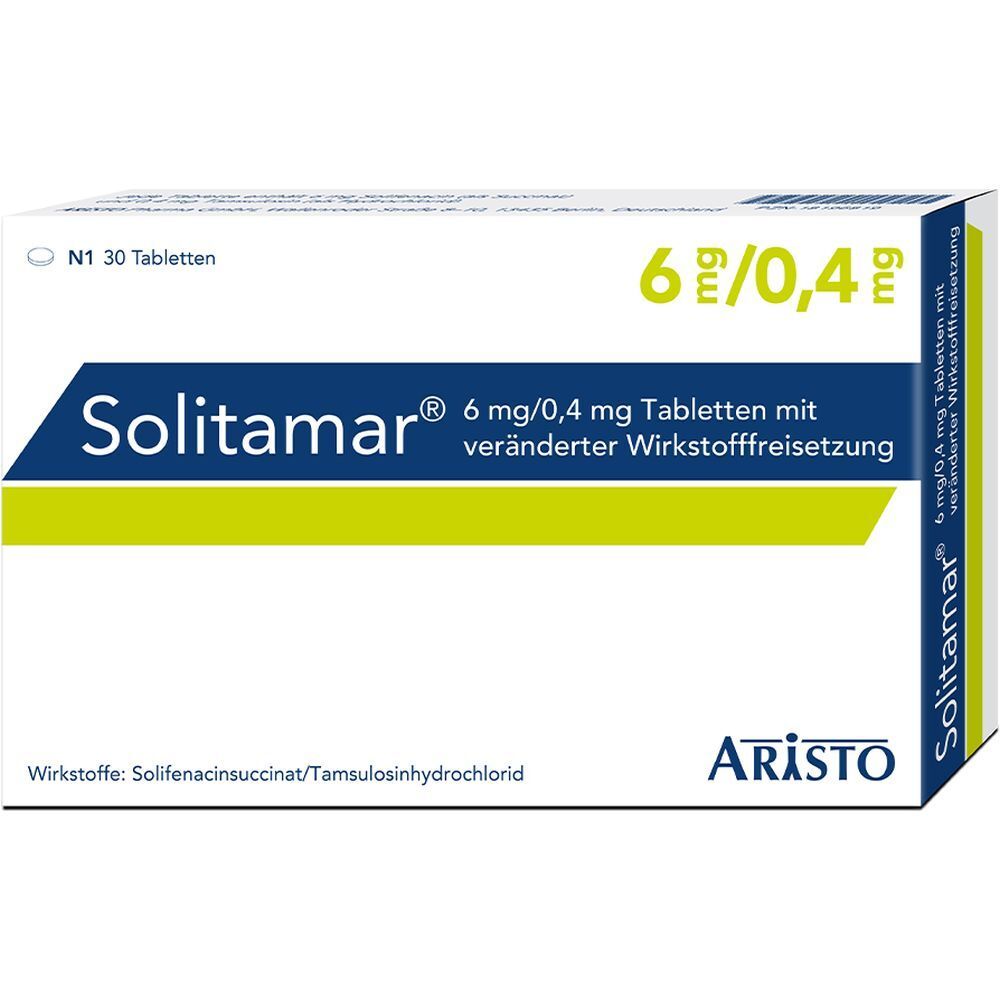 Verpackung von Solitamar 6 mg/0,4 mg Tabletten. Enthält 30 Tabletten. Marke: Aristo. Text: Solitamar, 6 mg/0,4 mg Tabletten mit veränderter Wirkstofffreisetzung.