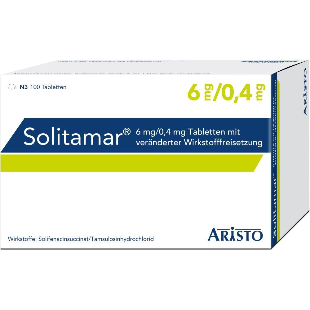 Aristo-Verpackung mit SOLITAMAR 6 mg/0,4 mg Tabletten. Blaue und grüne Akzente, weiße Box. Aufschrift: 100 Tabletten.