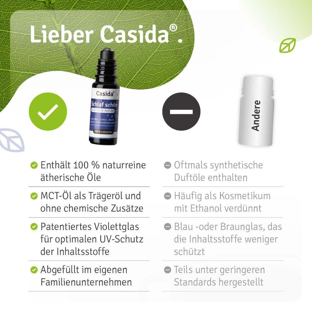 Casida® Schlaf schön Roll-On. Enthält 100% naturreine ätherische Öle. MCT-Öl als Trägeröl. Violettglas.