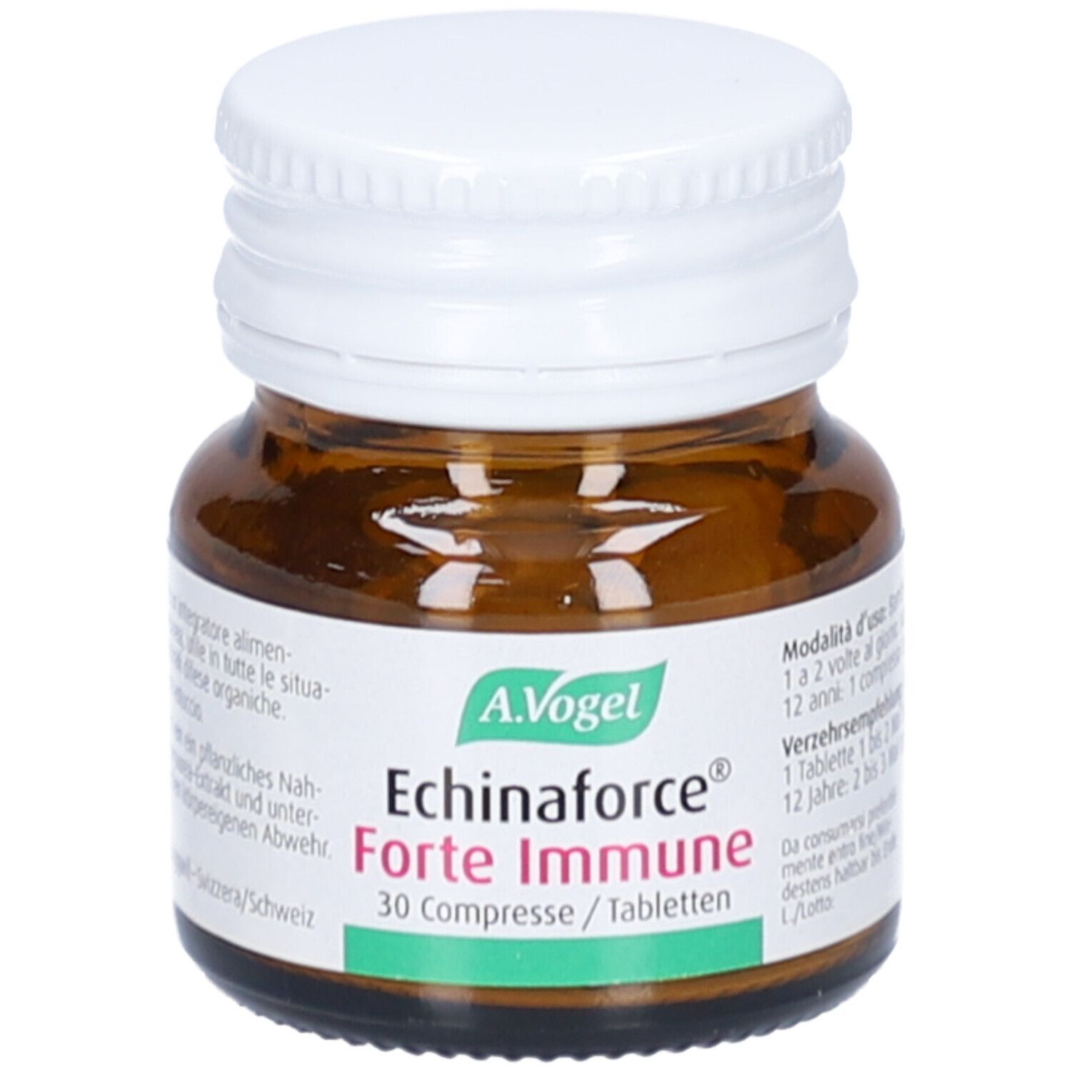 Braune Glasflasche mit weißem Deckel. Etikett mit Produktnamen: Echinforce Forte Immune. 30 Tabletten. Marke A. Vogel.