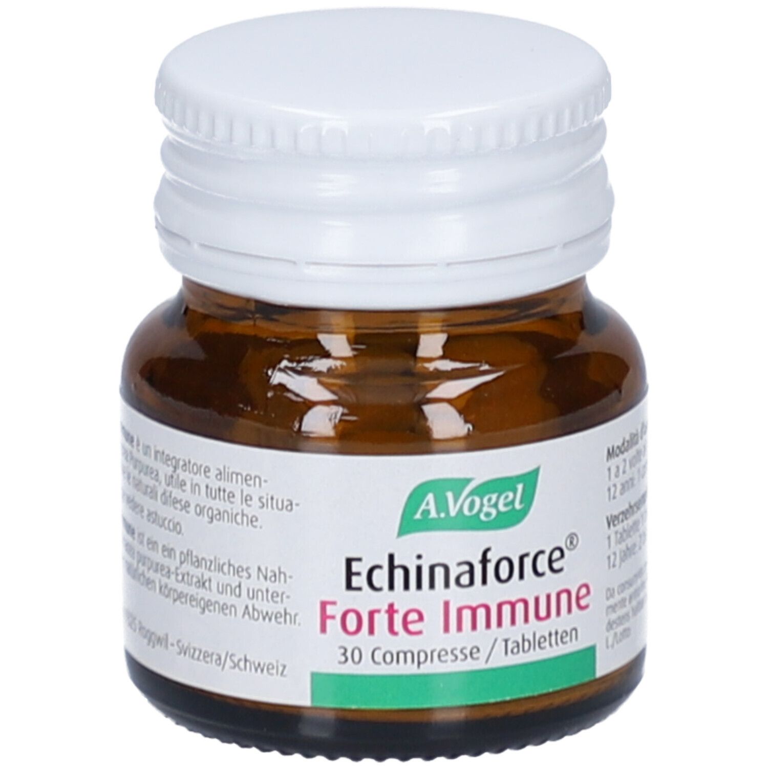 Braune Glasflasche mit weißem Deckel. Etikett mit Produktinformationen. Marke A. Vogel. Echinforce Forte Immune. 30 Tabletten.