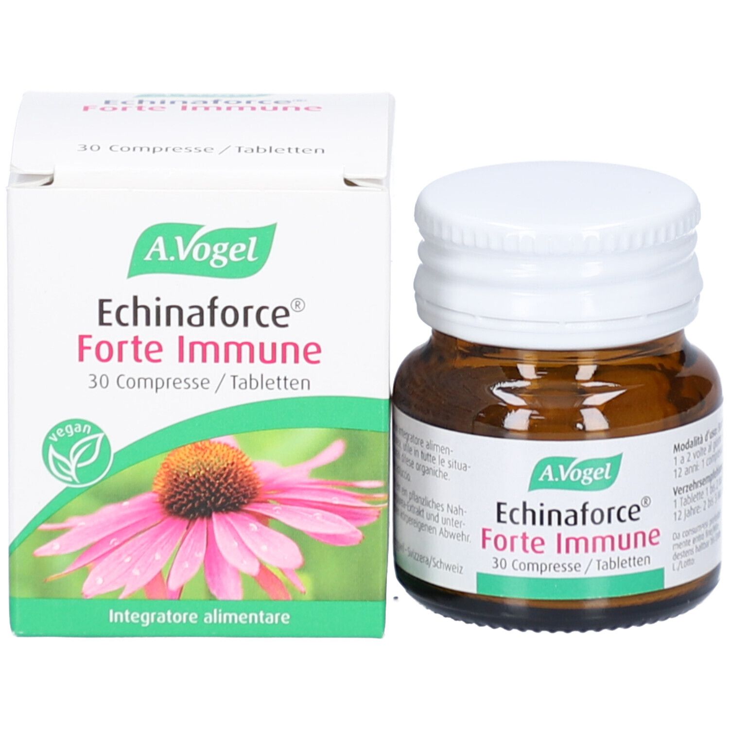 Produktverpackung und Flasche. Verpackung mit Produktnamen: Echinforce Forte Immune. 30 Tabletten. Marke A. Vogel. Vegan.