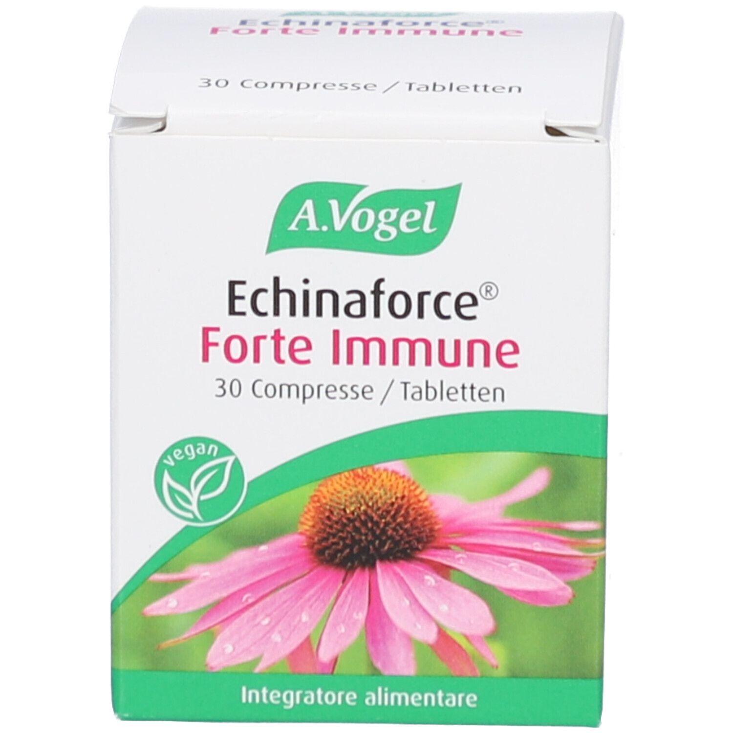 Produktverpackung. Verpackung mit Produktnamen: Echinforce Forte Immune. 30 Tabletten. Marke A. Vogel. Vegan.
