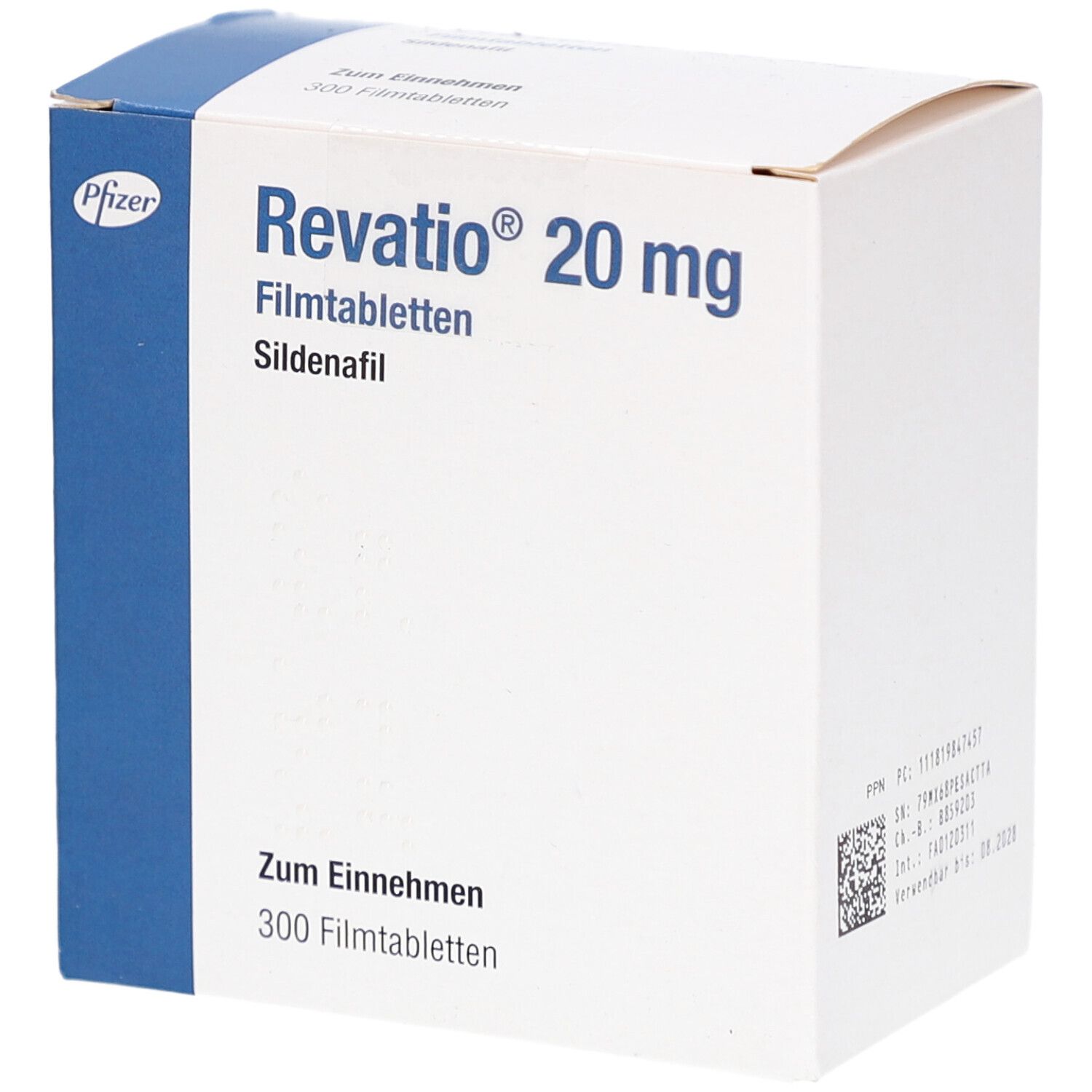 Schachtel mit "Revatio 20 mg Filmtabletten". Blaue und weiße Verpackung. Pfizer-Logo. Text: "Zum Einnehmen 300 Filmtabletten".