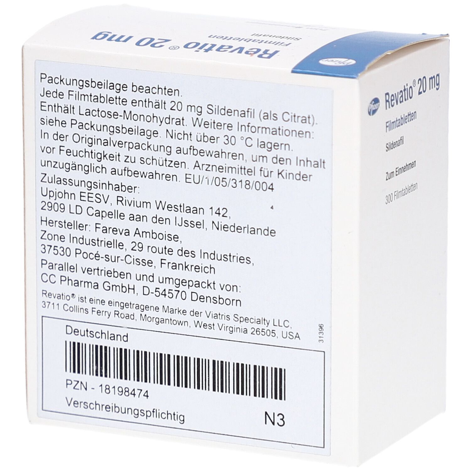 Rückseite der Schachtel "Revatio 20 mg Filmtabletten". Textinformationen, Barcode, PZN-Nummer, und Herstellerangaben.
