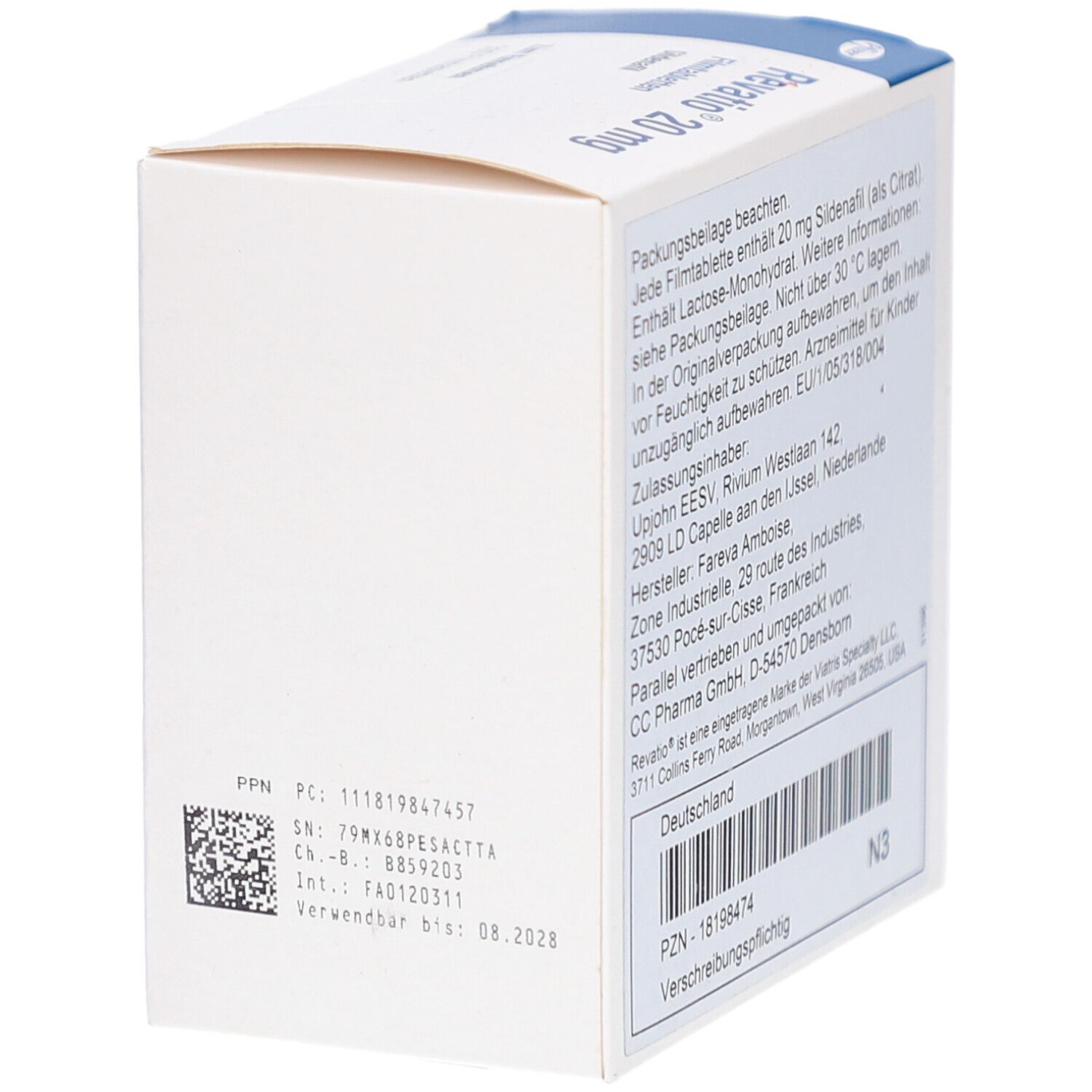 Seitenansicht der Schachtel "Revatio 20 mg Filmtabletten". Textinformationen, Barcode, PZN-Nummer, und Herstellerangaben.