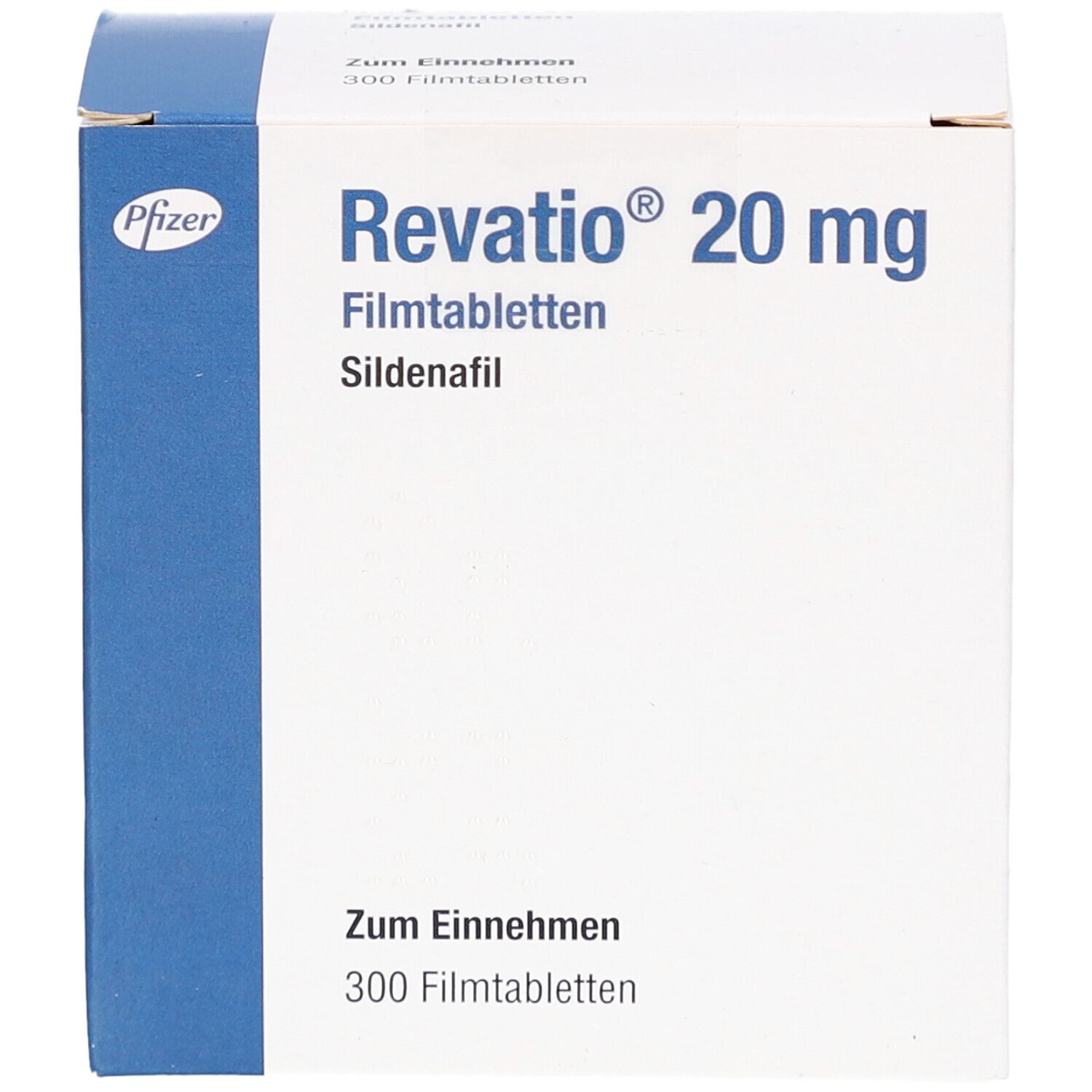 Vorderansicht der Schachtel "Revatio 20 mg Filmtabletten". Weiß mit blauer Ecke. Pfizer-Logo. Text: "Zum Einnehmen 300 Filmtabletten".