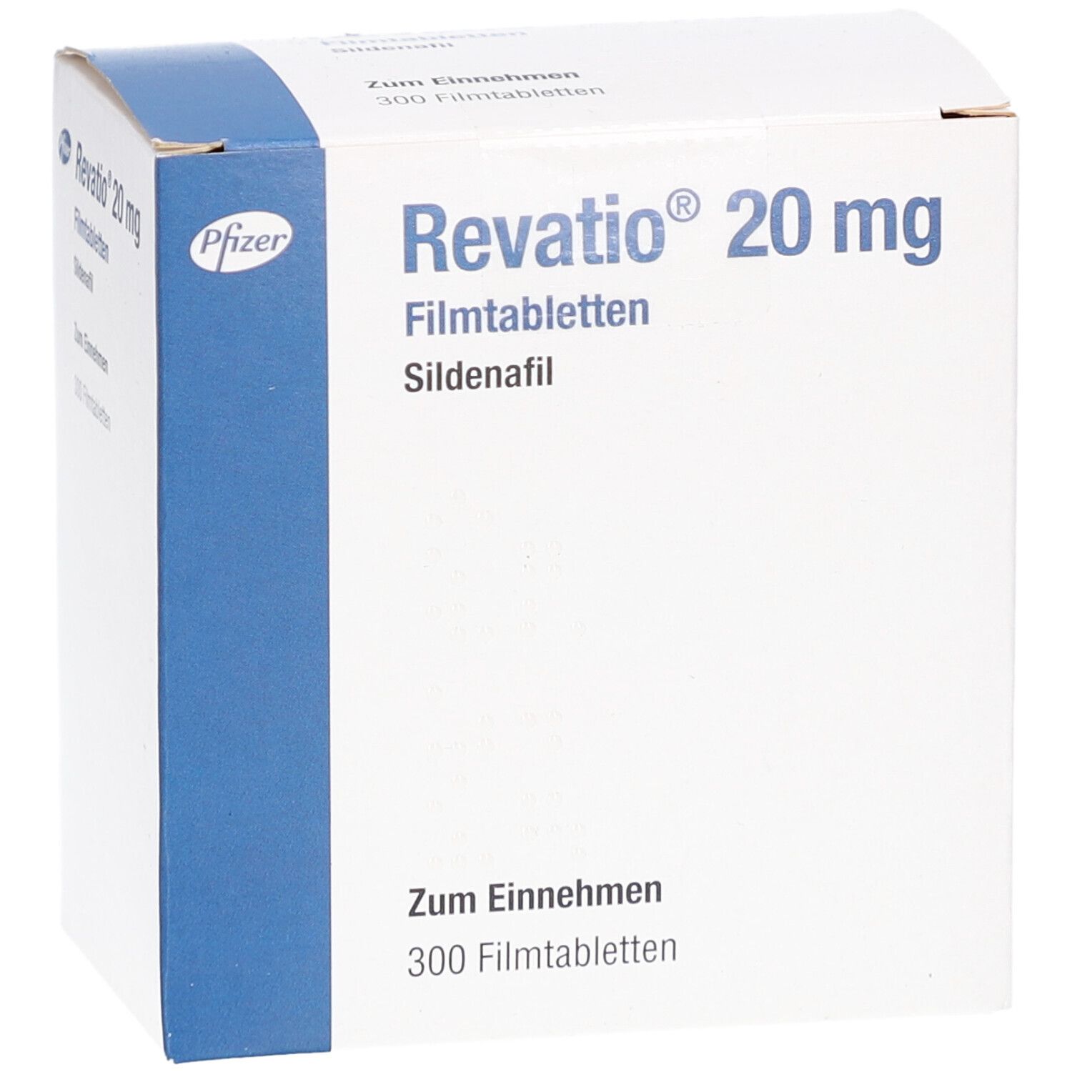 Vorderansicht der Schachtel "Revatio 20 mg Filmtabletten". Weiß mit blauer Ecke. Pfizer-Logo. Text: "Zum Einnehmen 300 Filmtabletten".