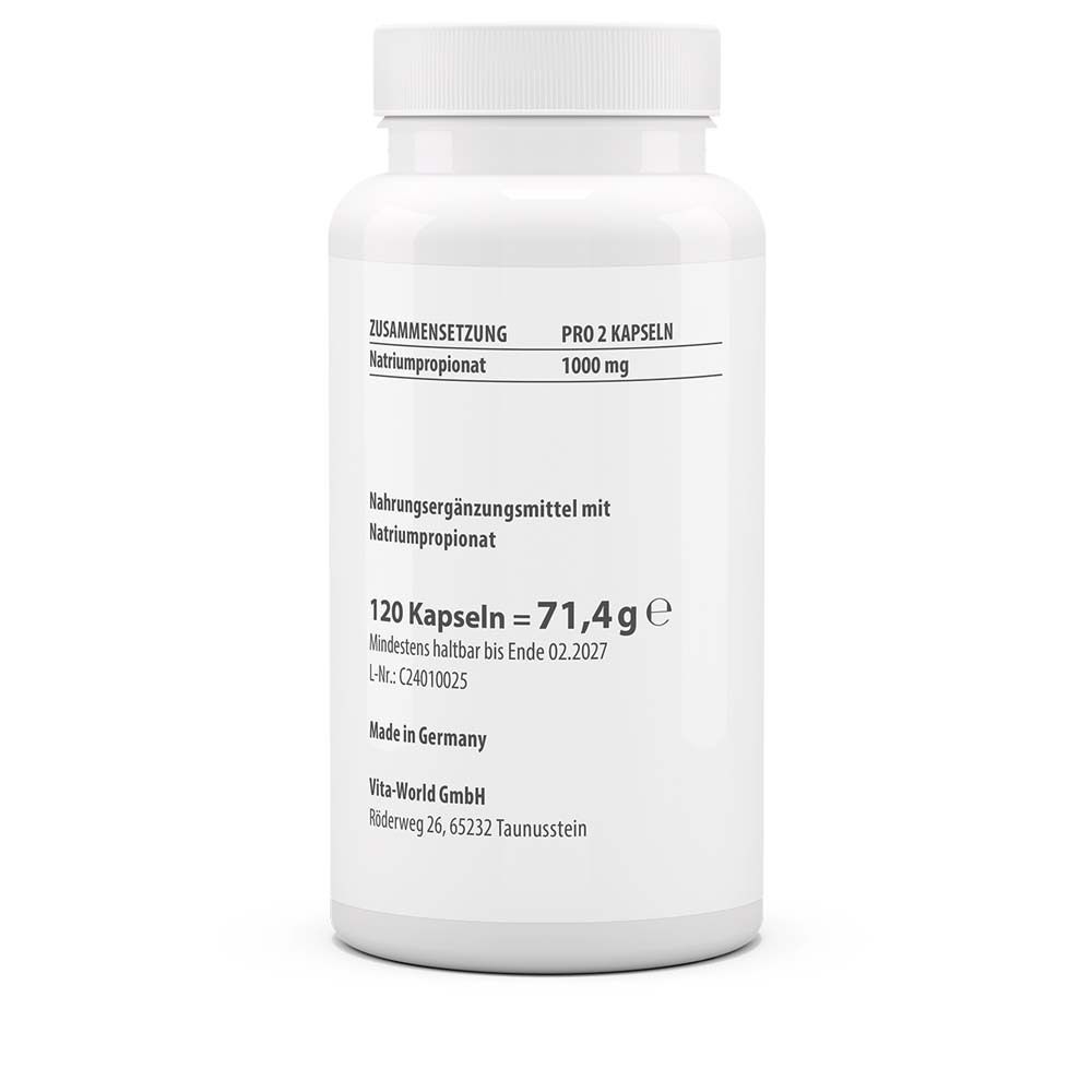 Rückseite der weißen Flasche. Angaben zu Inhaltsstoffen, Dosierung, Lagerung. 120 Kapseln. Mindesthaltbarkeit.