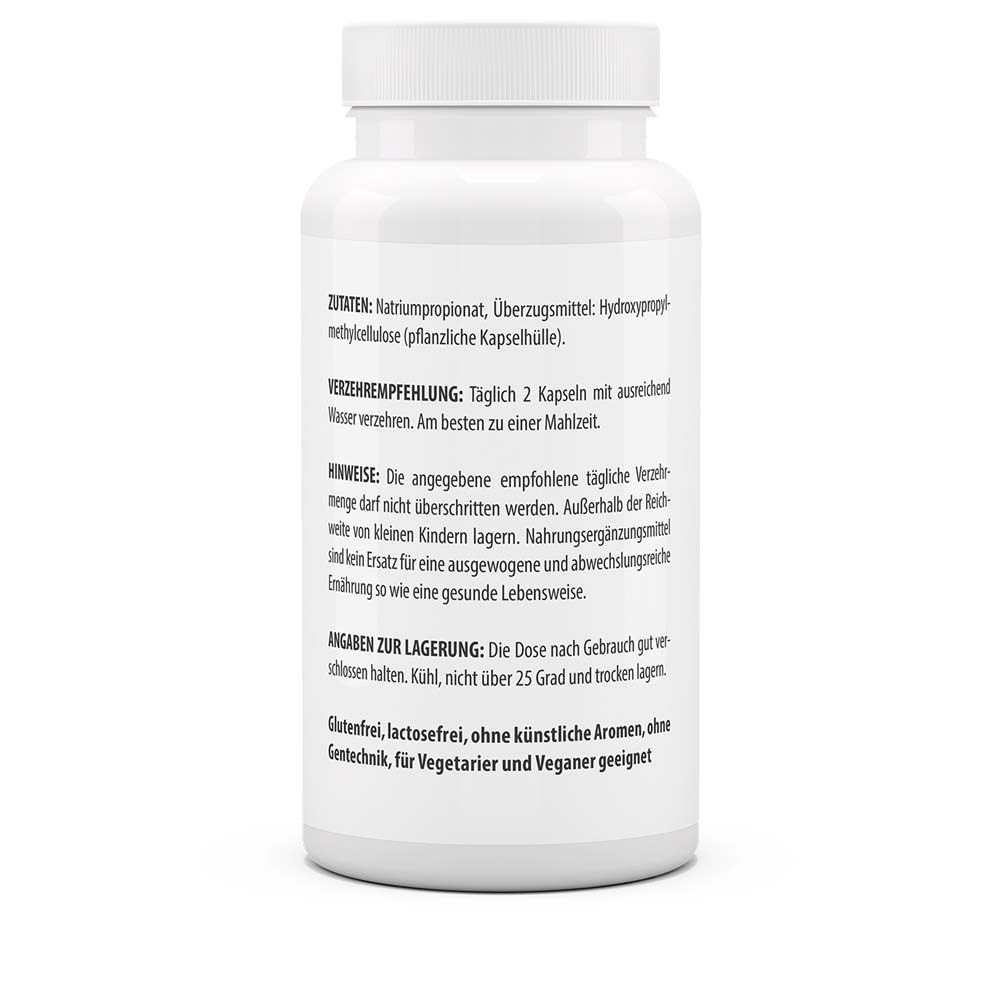 Rückseite der weißen Flasche. Angaben zu Inhaltsstoffen, Dosierung, Lagerung. Glutenfrei, vegan.
