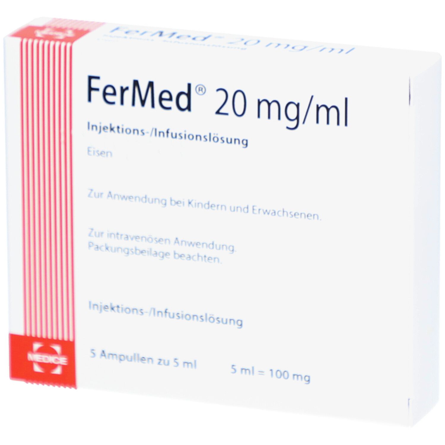 Weiße Schachtel mit roter Streifen. Aufschrift: FerMed 20 mg/ml, Injektions-/Infusionslösung. 5 Ampullen zu 5 ml.