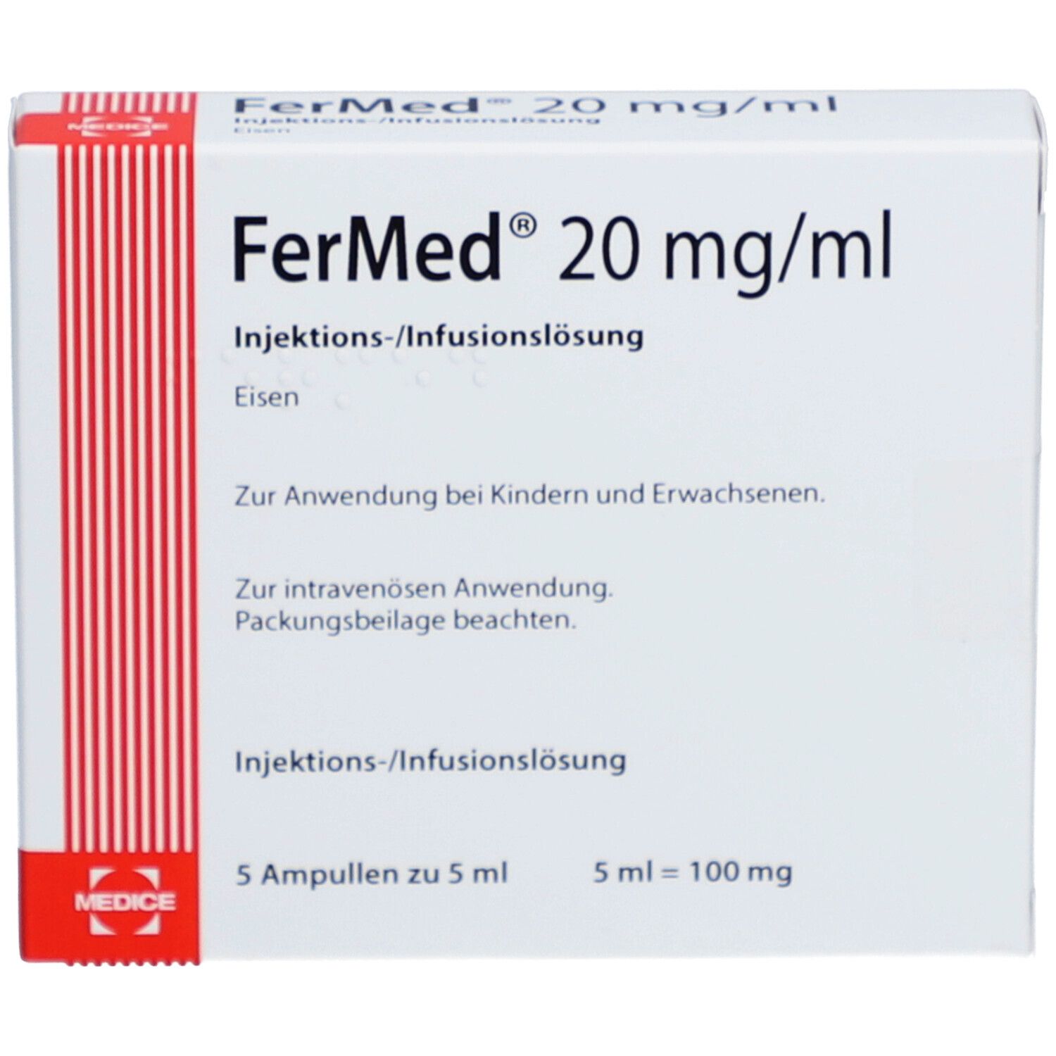 Weiße Schachtel mit roter Streifen. Aufschrift: FerMed 20 mg/ml, Injektions-/Infusionslösung. 5 Ampullen zu 5 ml.