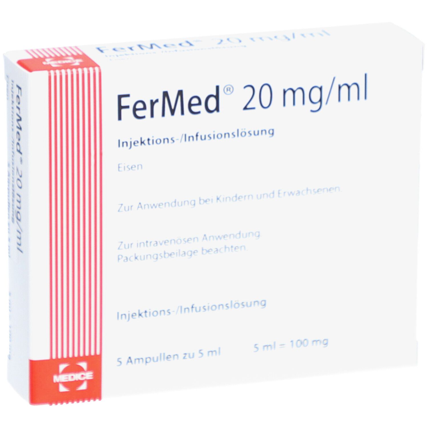 Weiße Schachtel mit roter Streifen. Aufschrift: FerMed 20 mg/ml, Injektions-/Infusionslösung. 5 Ampullen zu 5 ml.