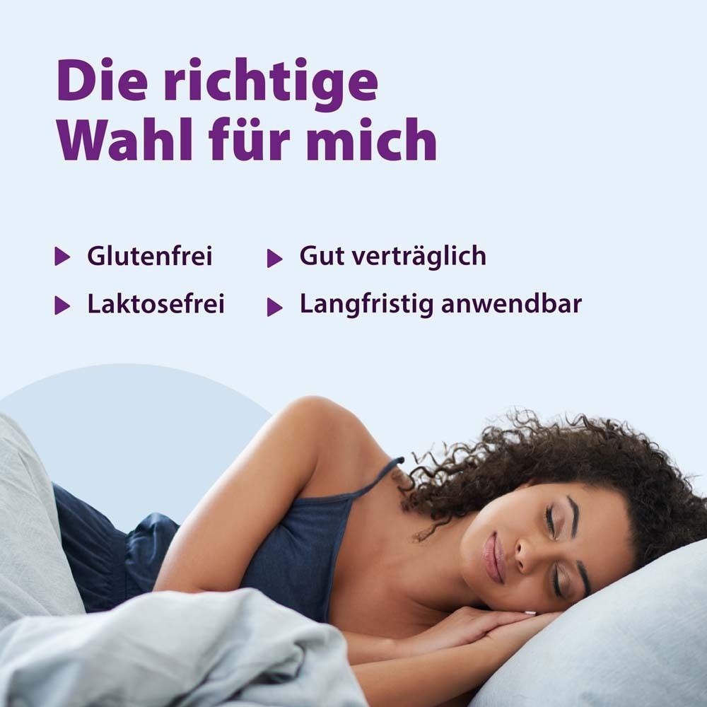 Frau im Bett. Text: Die richtige Wahl für mich. Glutenfrei, laktosefrei, gut verträglich, langfristig anwendbar.