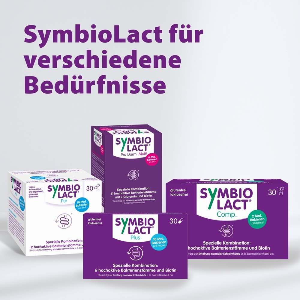 Verschiedene SymbioLact Produkte. SymbioLact Pro Derme, SymbioLact Plus, SymbioLact Comp. und SymbioLact.
