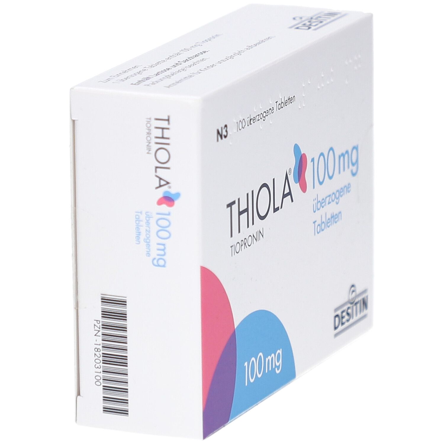Weiße Schachtel mit THIOLA 100 mg Tabletten, schräg. Logo und Produktinformationen sichtbar. DESITIN-Logo und Barcode.