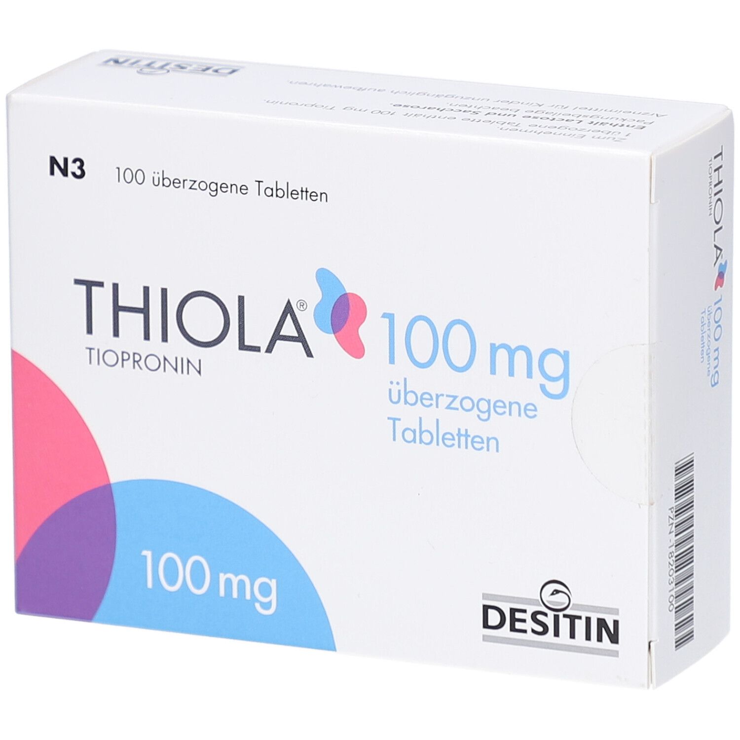 Weiße Schachtel mit THIOLA 100 mg Tabletten. Logo und Produktinformationen auf der Vorderseite. DESITIN-Logo.