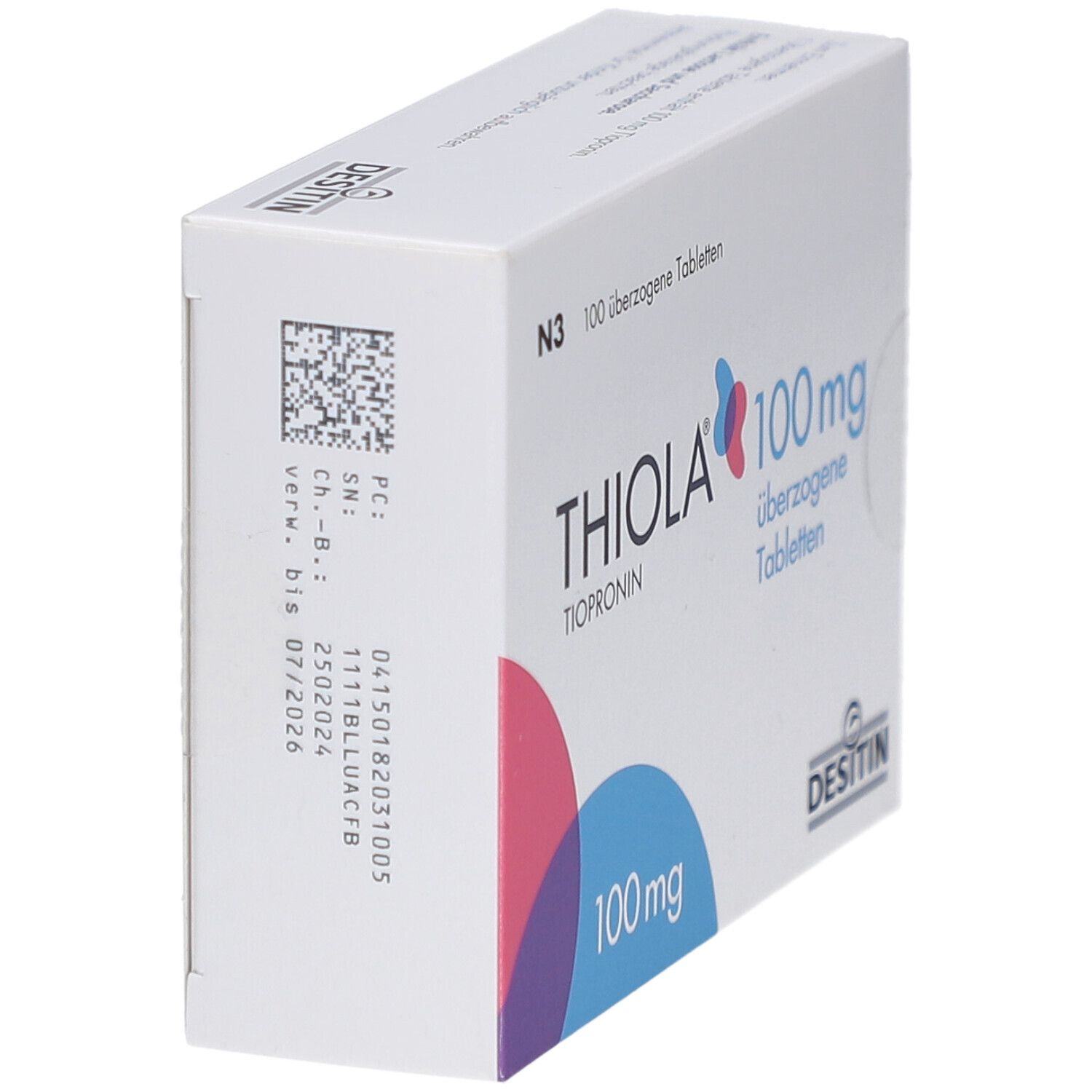 Weiße Schachtel mit THIOLA 100 mg Tabletten, schräg. Rückseite mit Barcode und Informationen. DESITIN-Logo.