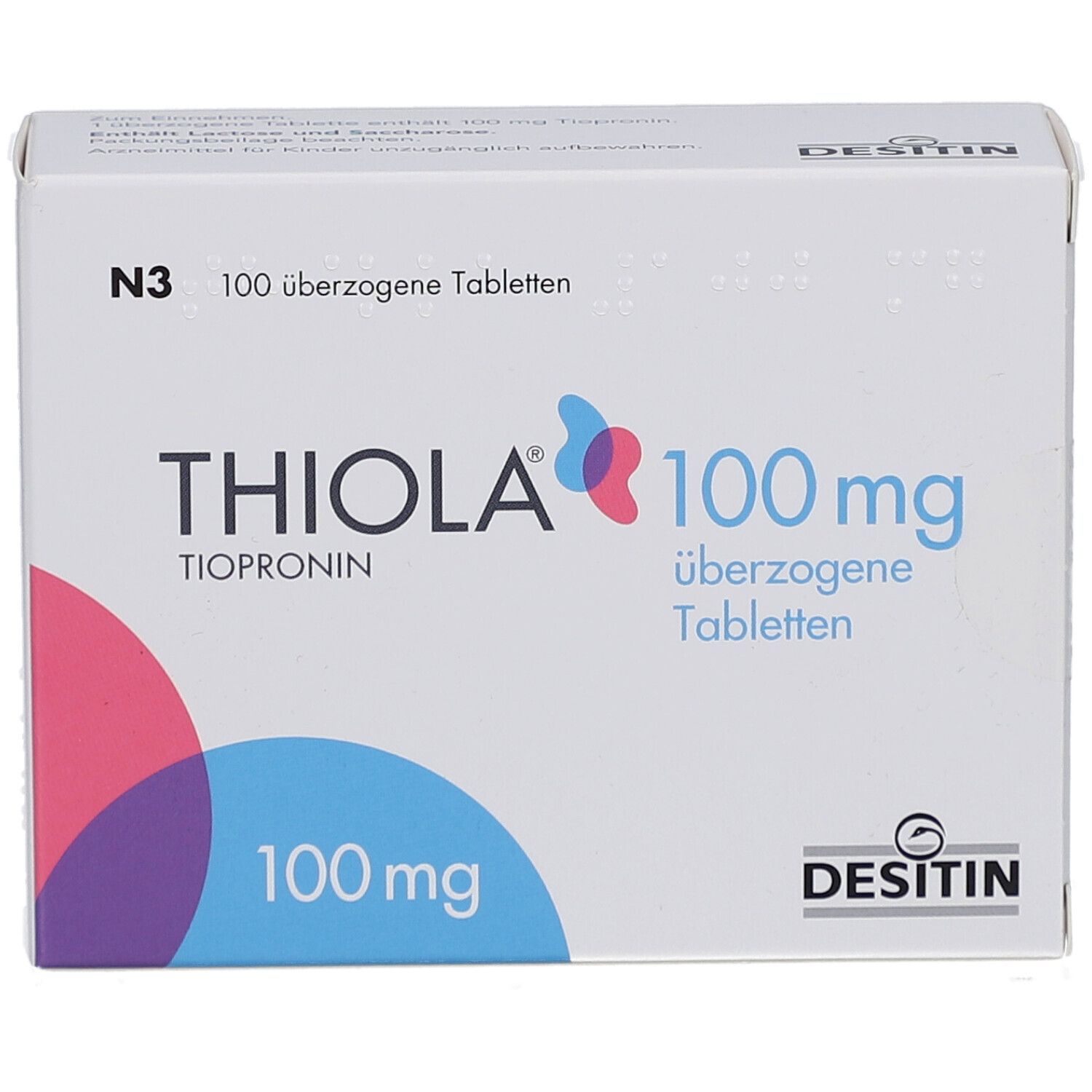 Weiße Schachtel mit THIOLA 100 mg Tabletten. Logo und Produktinformationen auf der Vorderseite. DESITIN-Logo.