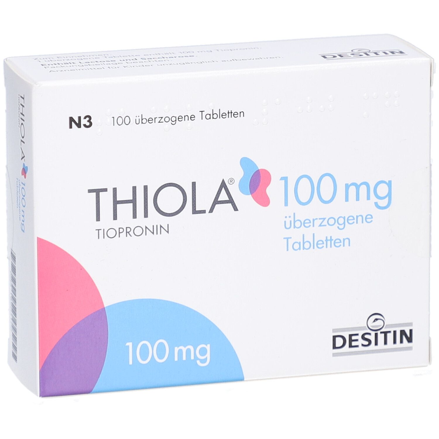 Weiße Schachtel mit THIOLA 100 mg Tabletten. Logo und Produktinformationen auf der Vorderseite. DESITIN-Logo.