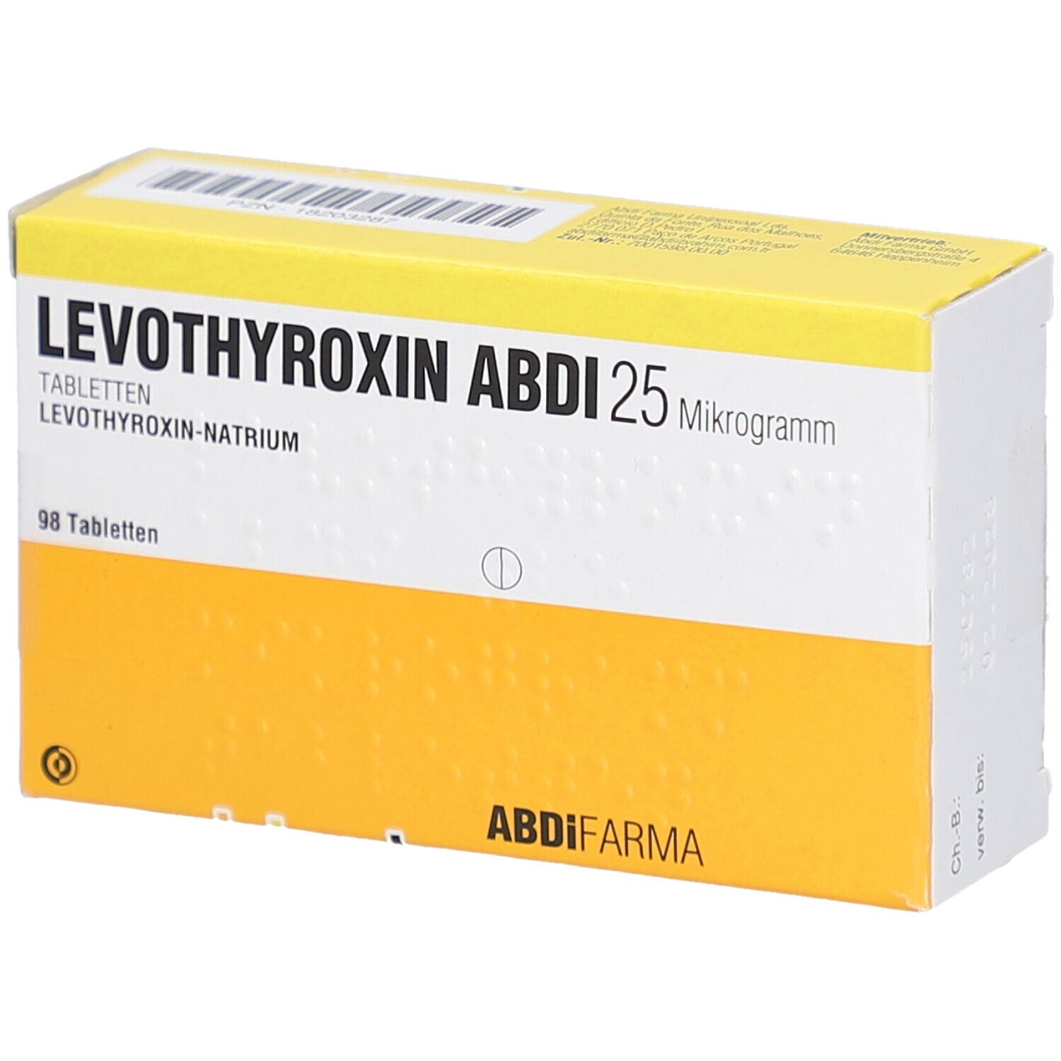 Gelb-weiße Schachtel mit LEVOTHYROXIN ABDI 25 Mikrogramm Tabletten. Text: 98 Tabletten, ABDI FARMA.