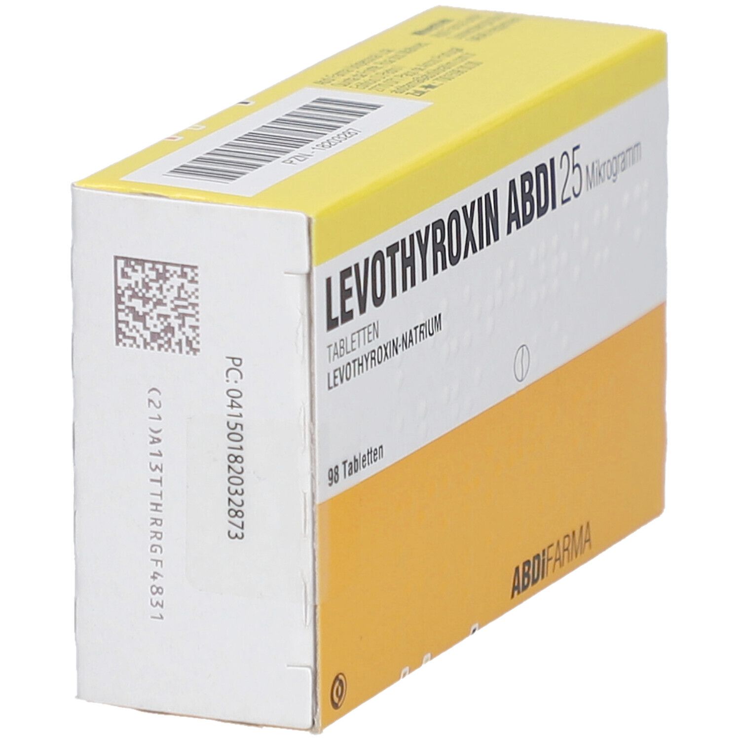 Schachtel LEVOTHYROXIN ABDI 25 Mikrogramm Tabletten, gelb-weiß. Text: 98 Tabletten, ABDI FARMA. Barcode und QR-Code.