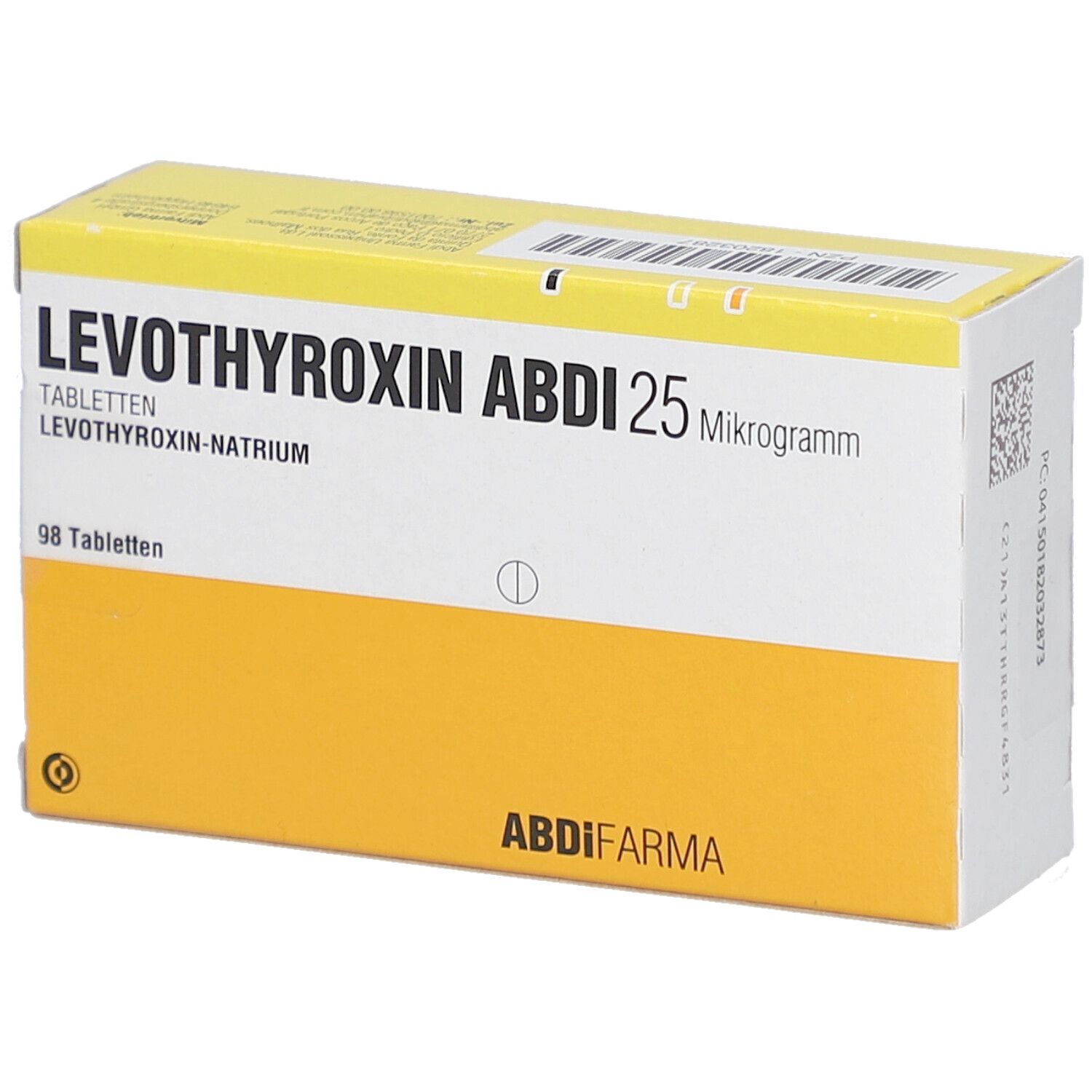 Gelb-weiße Schachtel LEVOTHYROXIN ABDI 25 Mikrogramm Tabletten. Text: 98 Tabletten, ABDI FARMA.
