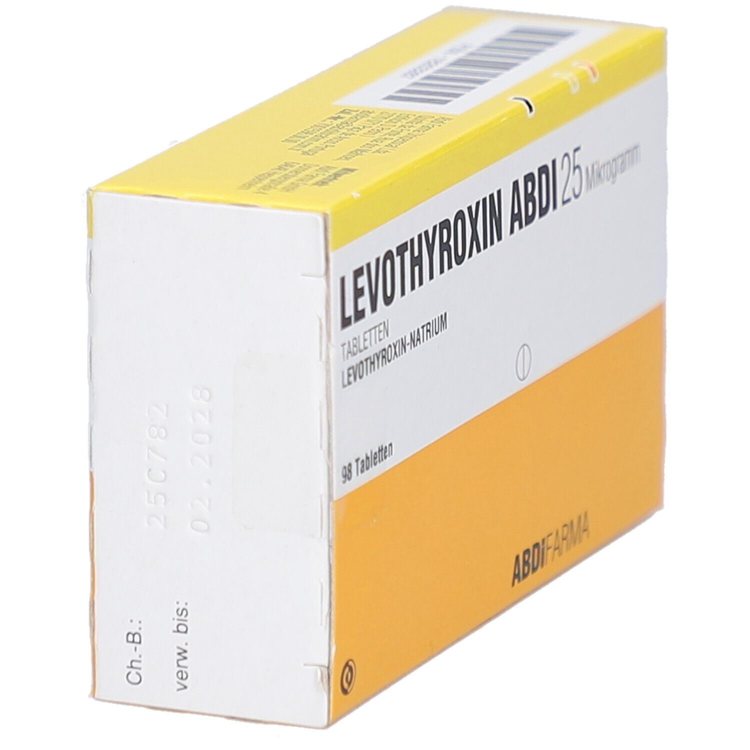 Schachtel LEVOTHYROXIN ABDI 25 Mikrogramm Tabletten, gelb-weiß. Text: 98 Tabletten, ABDI FARMA. Verfallsdatum.